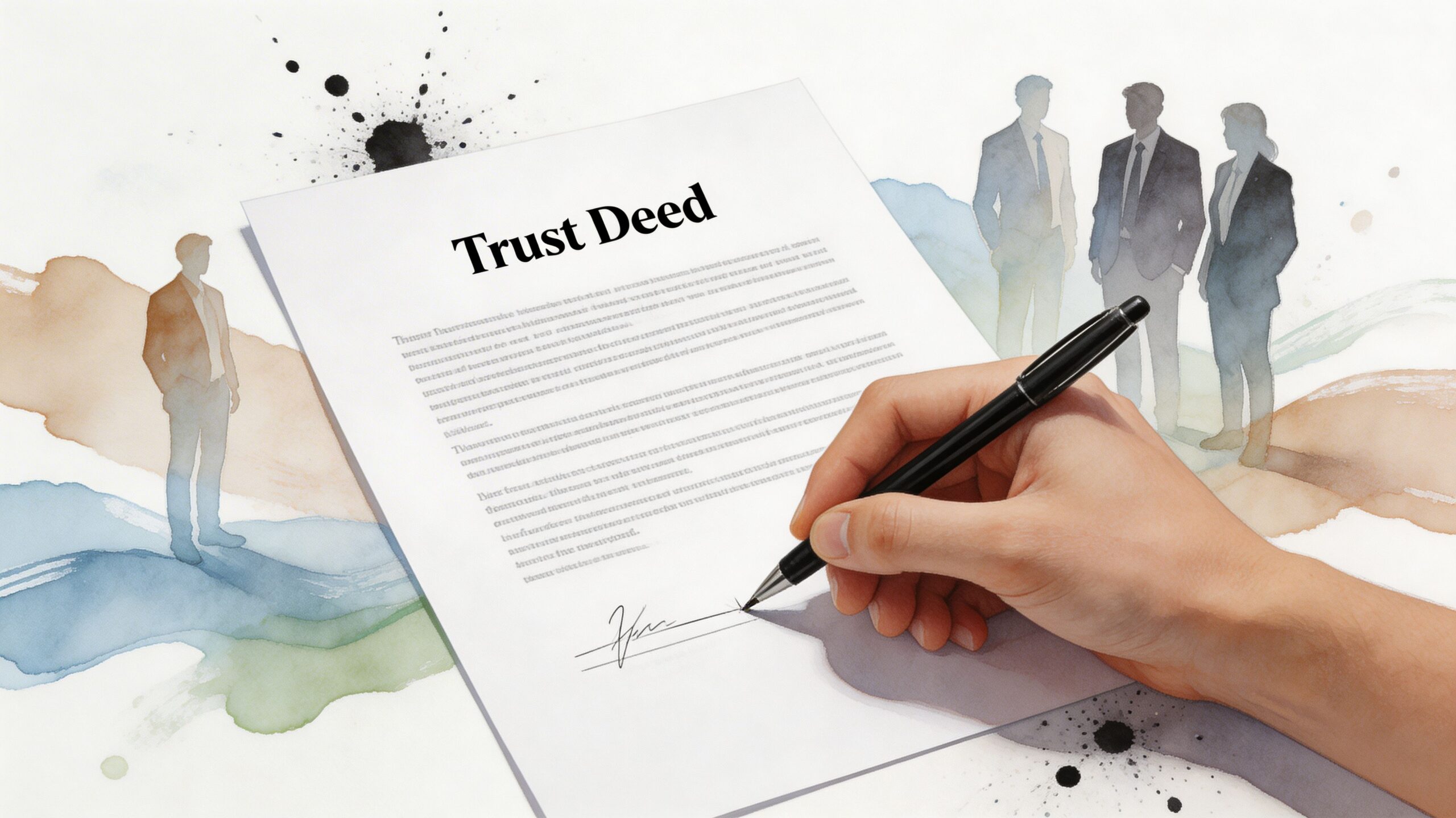 A hand signing a legal trust deed document representing the establishment of a self-managed super fund.