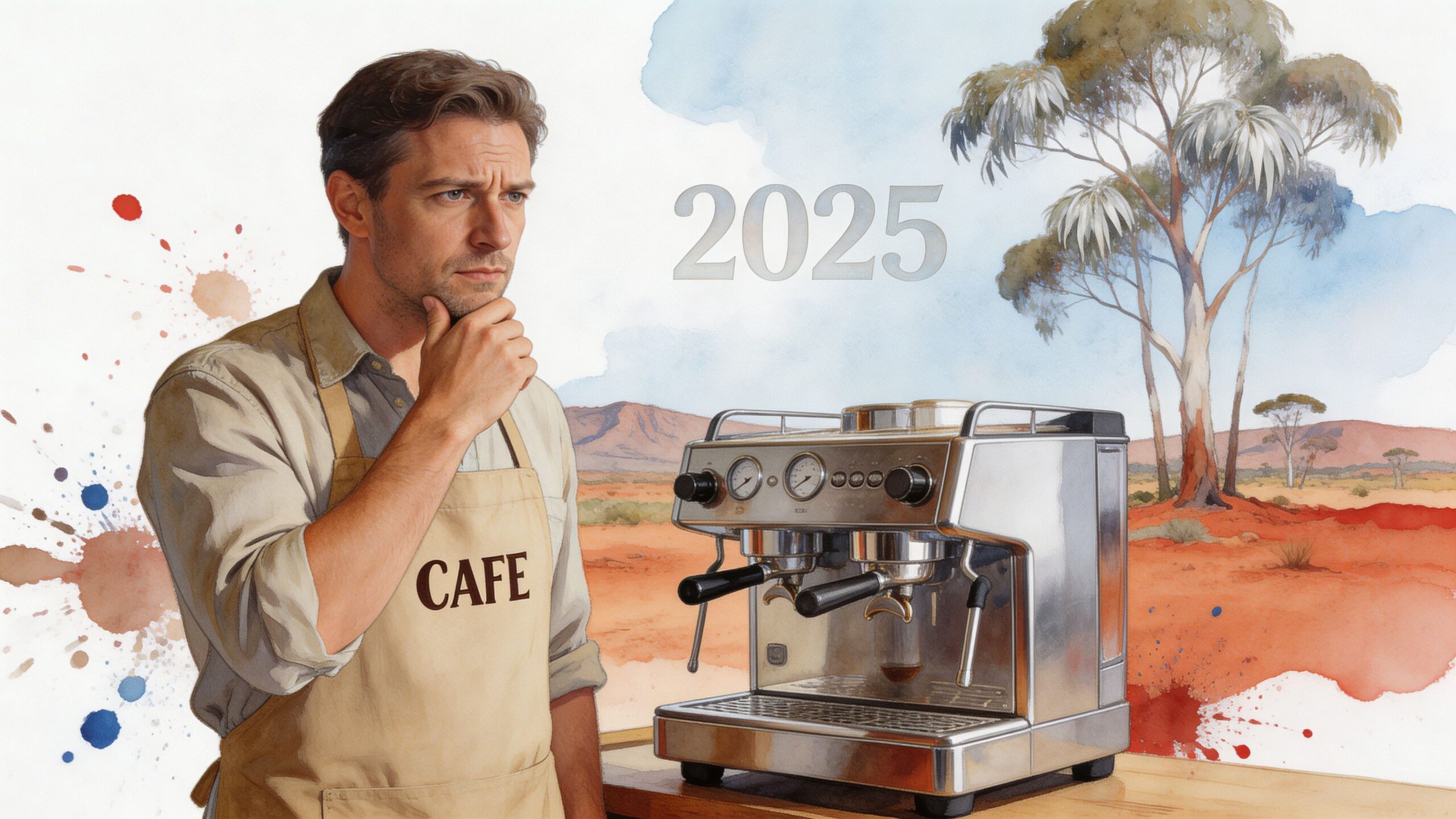 A contemplative cafe owner standing next to a professional espresso machine with an Australian outback background.