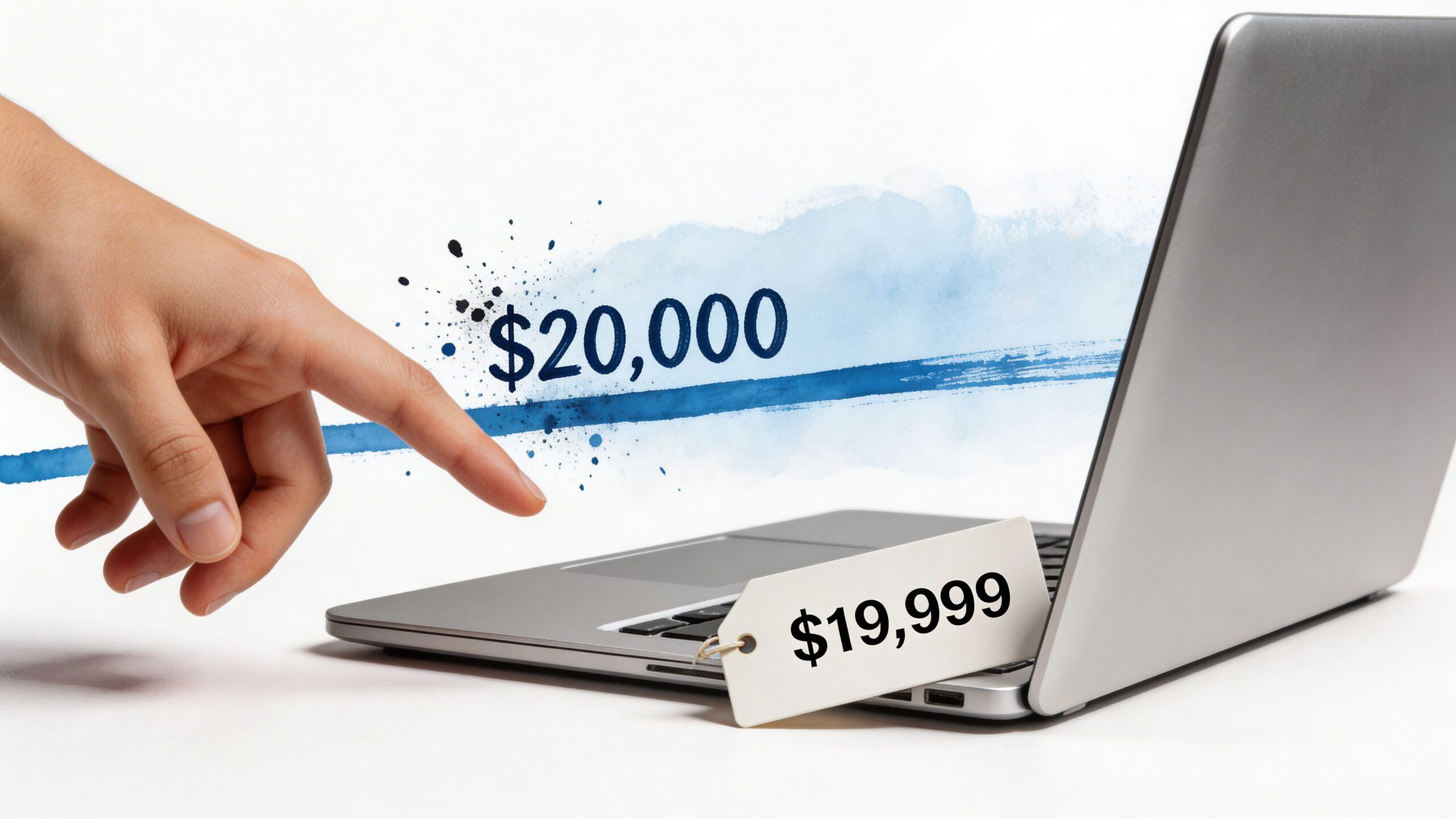 A hand pointing at a laptop with a price tag of 19,999 dollars and 20,000 text nearby.