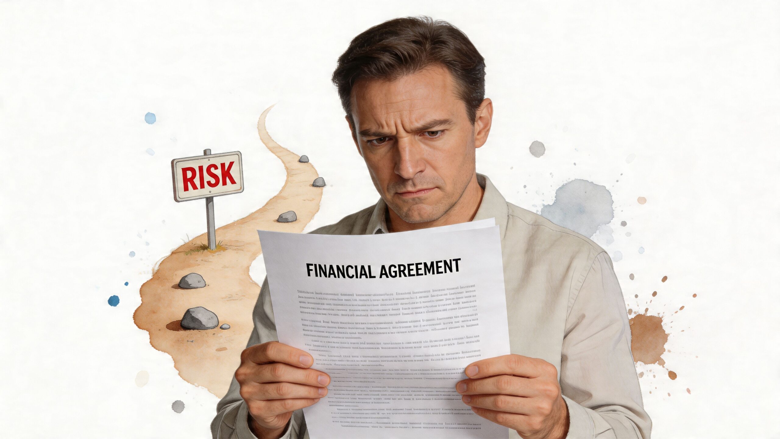 A concerned man reviewing a financial agreement document with a risk sign in the background.