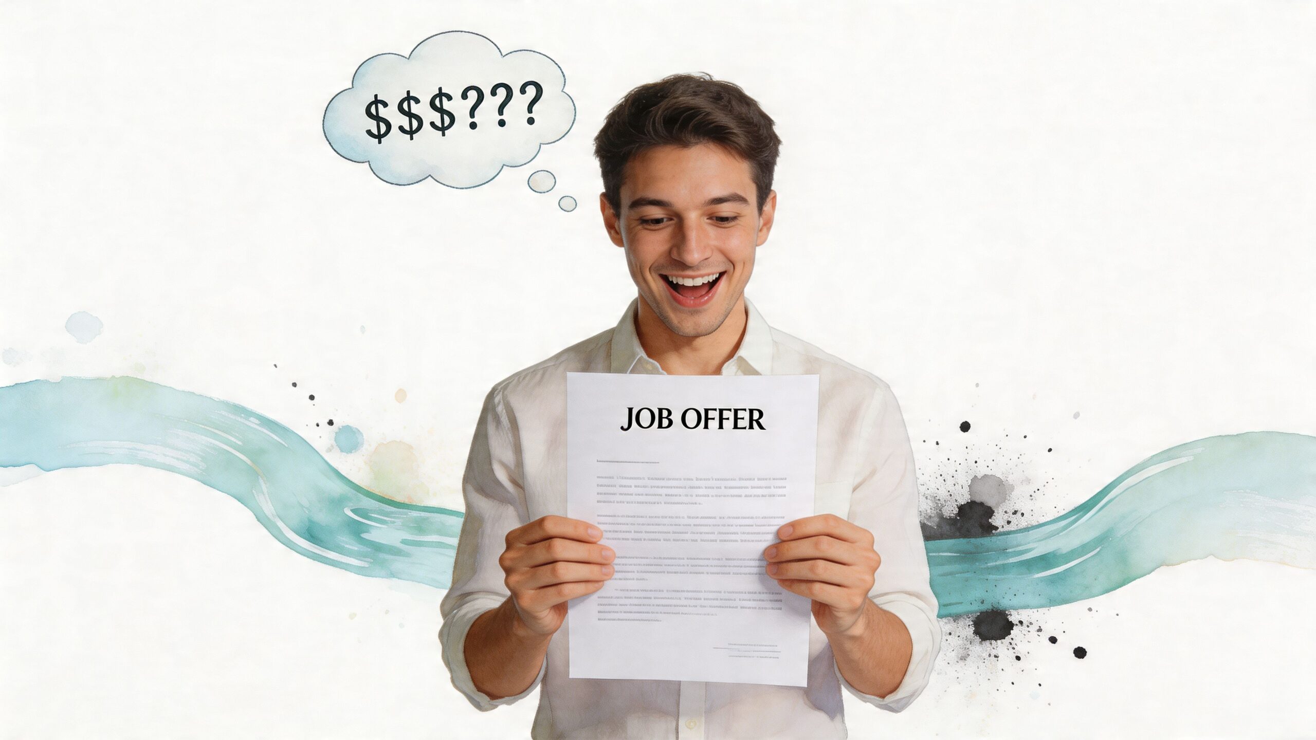 A happy young man looking excitedly at a job offer document while thinking about his potential salary.