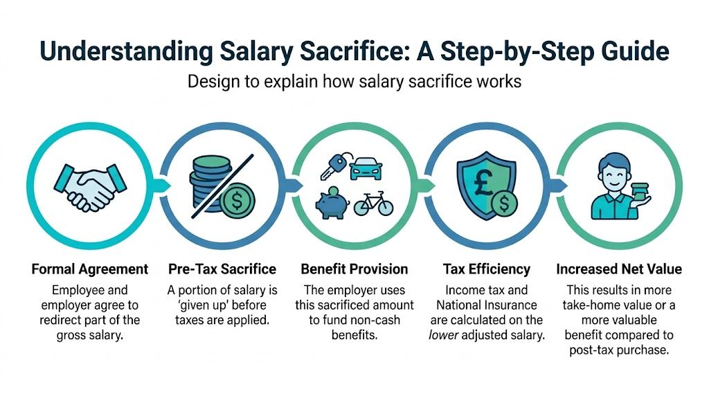 A step-by-step infographic explaining how a salary sacrifice scheme works to improve employee tax efficiency.