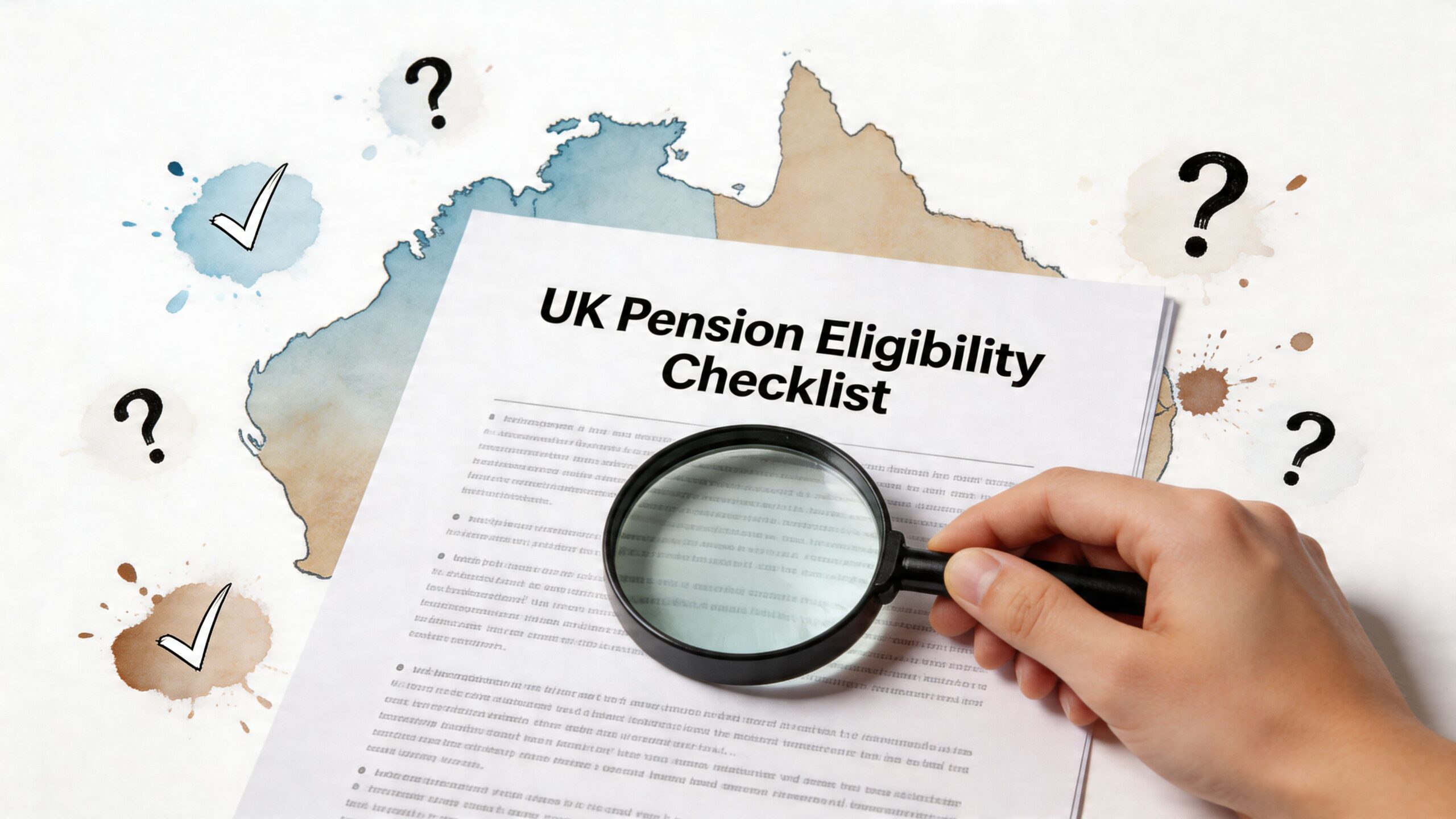 A magnifying glass inspecting a UK pension eligibility checklist paper document set against an Australian map background.