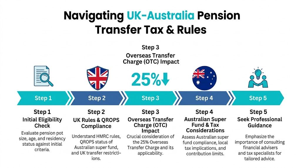 A five-step flowchart explaining the process and tax considerations for transferring a UK pension to Australia.