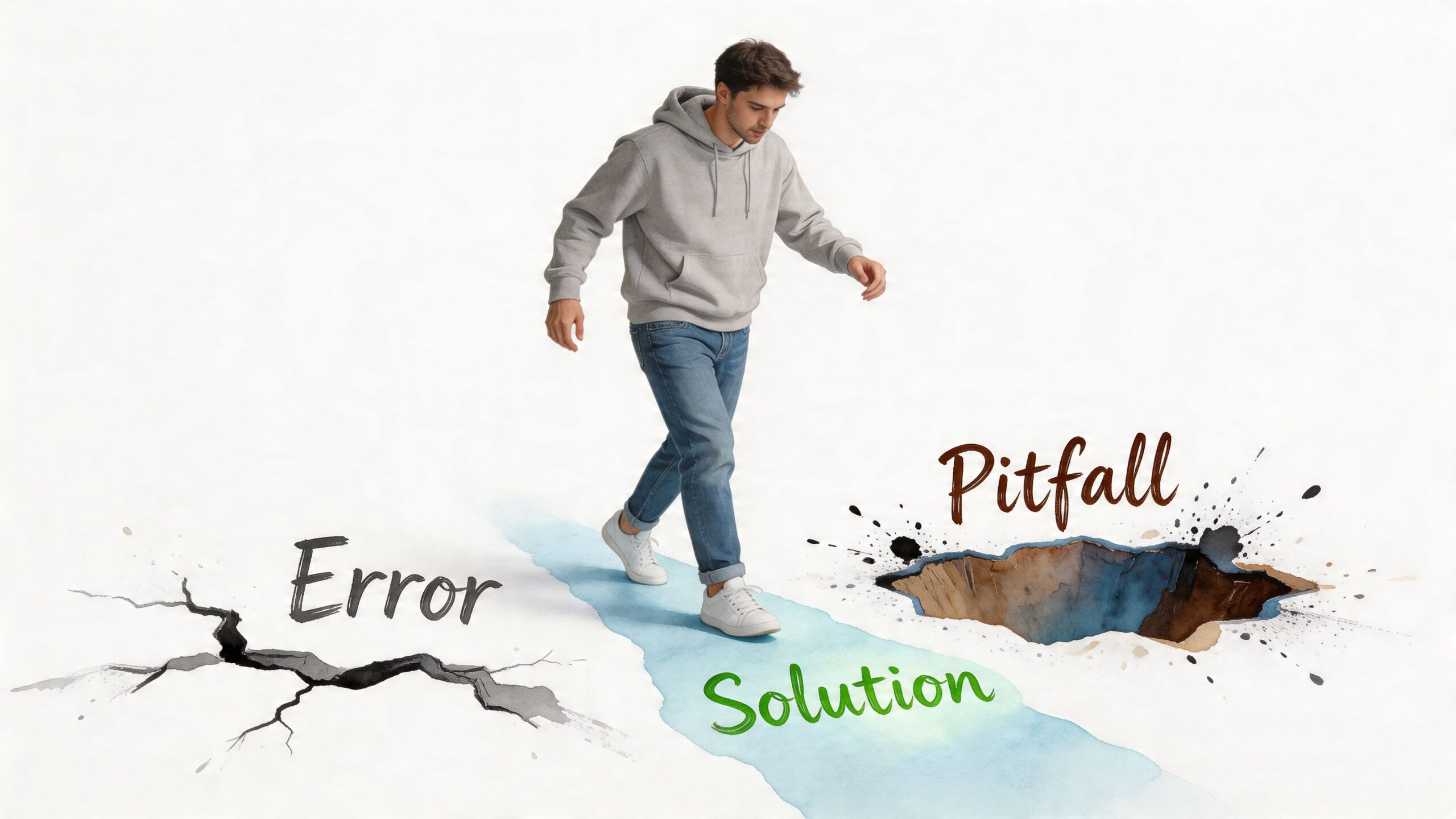 A man walks on a path between an error and a pitfall representing problem solving.
