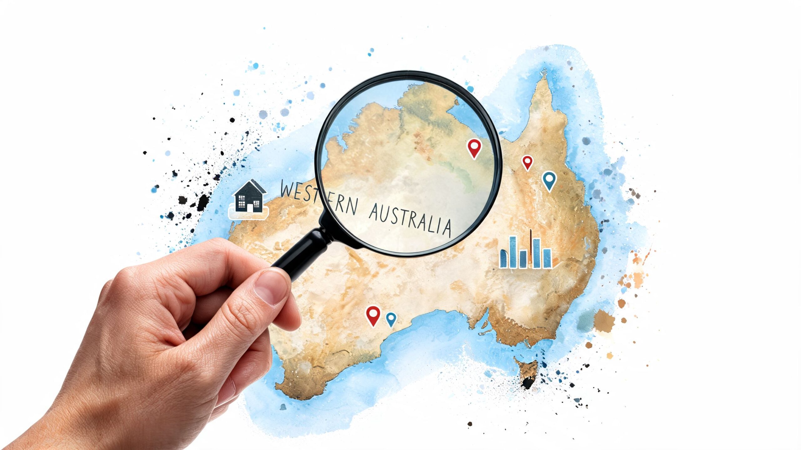 A hand holding a magnifying glass over a map of Western Australia with icons representing real estate.