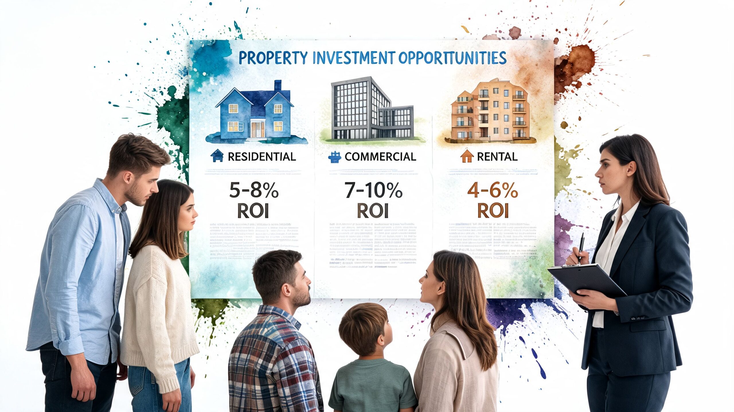 A professional financial advisor presents property investment opportunities and ROI data to a family during a consultation.
