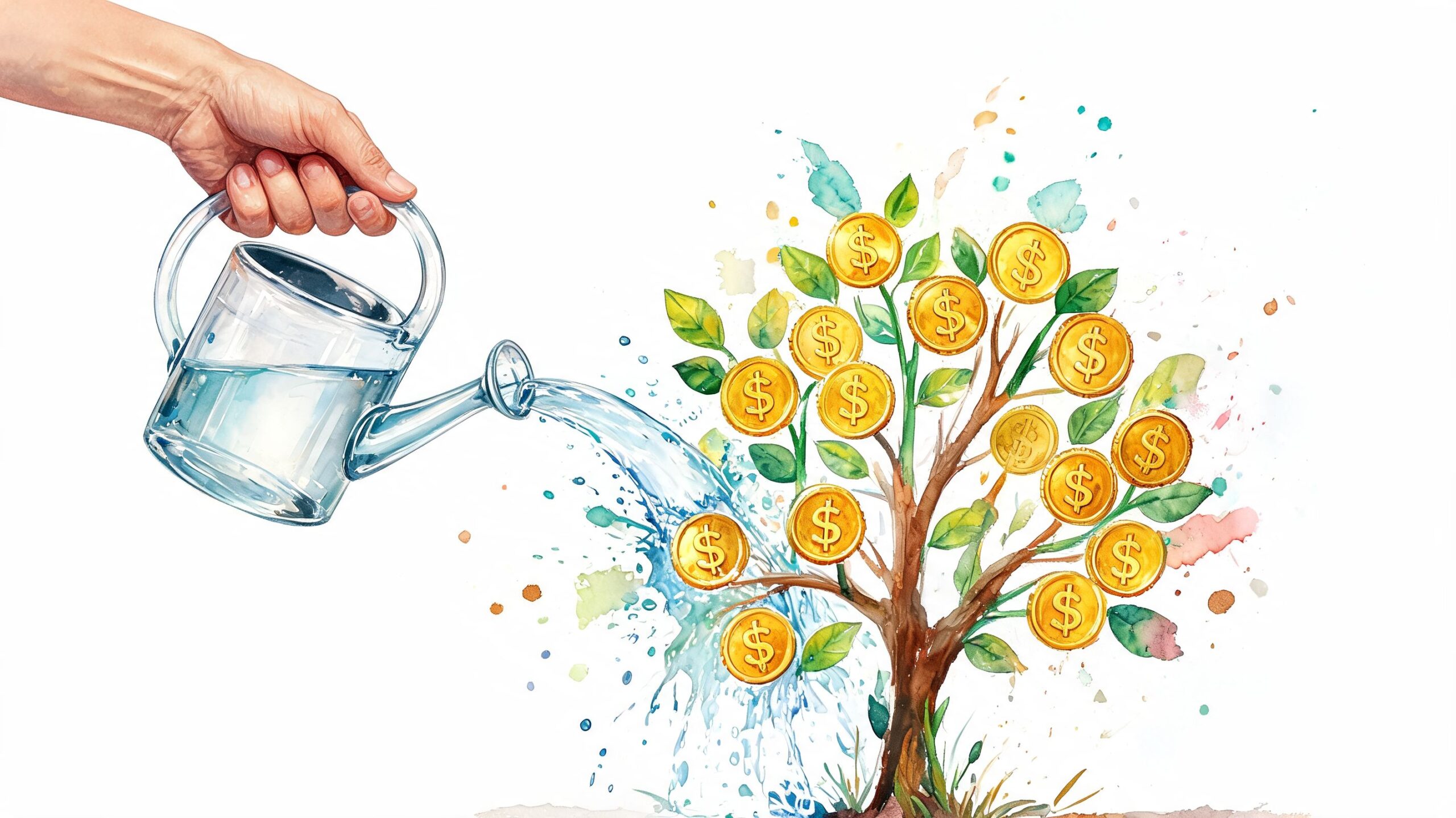 A hand watering a money tree with golden dollar sign coins using a clear plastic watering can.