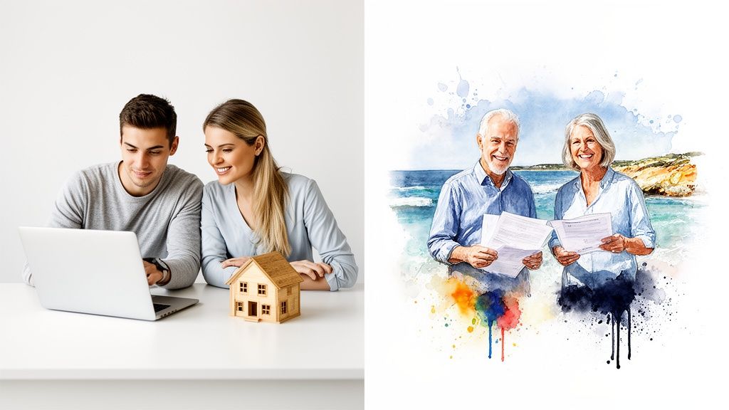 Two couples, young and old, represent property investment journey and retirement planning.