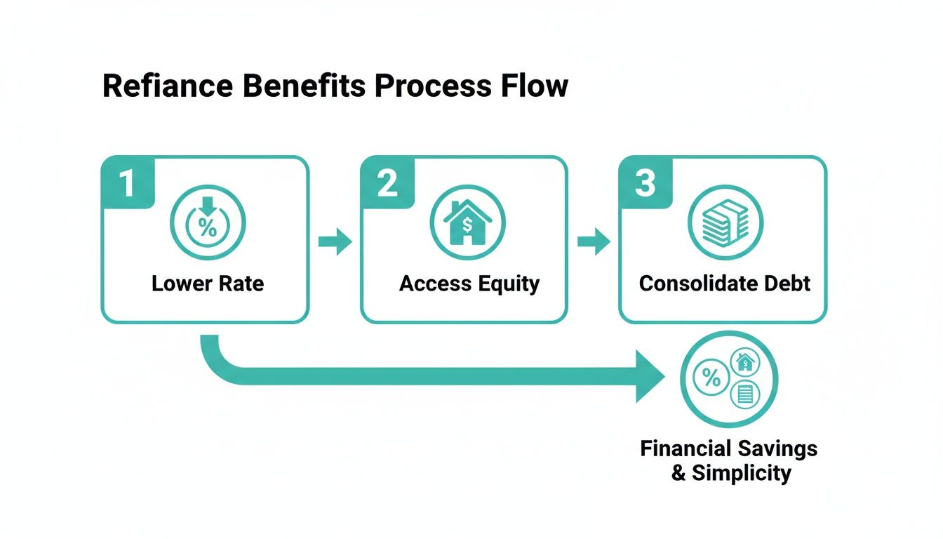 A refinance benefits process flow chart showing lower rates, accessing equity, and consolidating debt for financial savings.