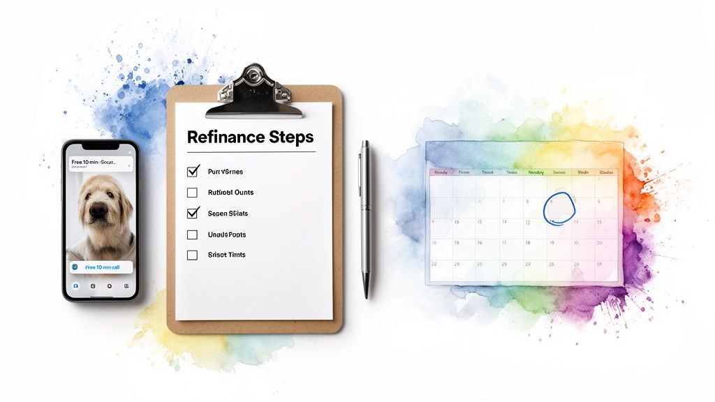 Refinance steps checklist, smartphone with a dog, pen, and calendar on a watercolor background.