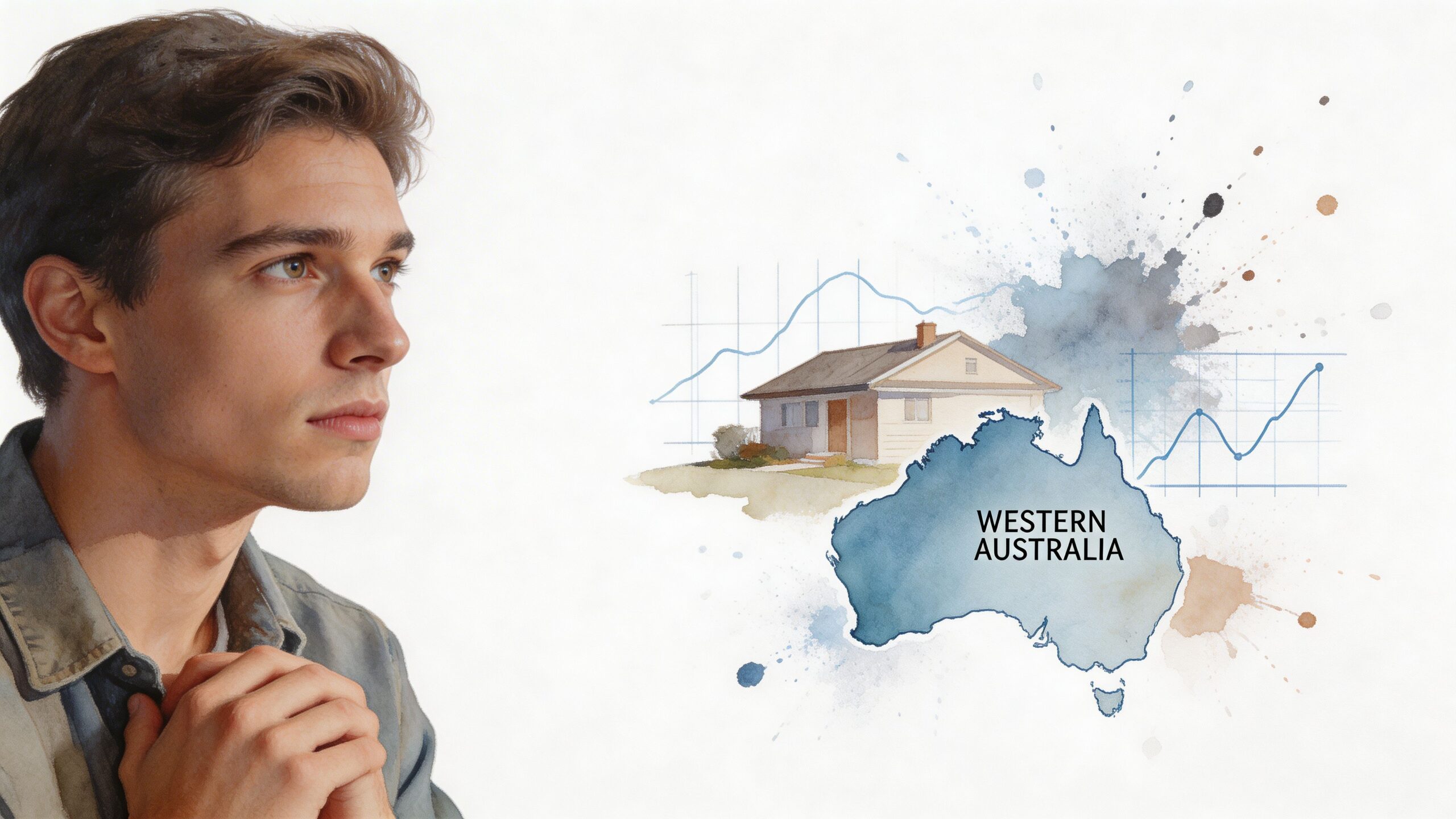 A young man looking thoughtfully at a watercolor illustration of an Australian house and a market trend graph.