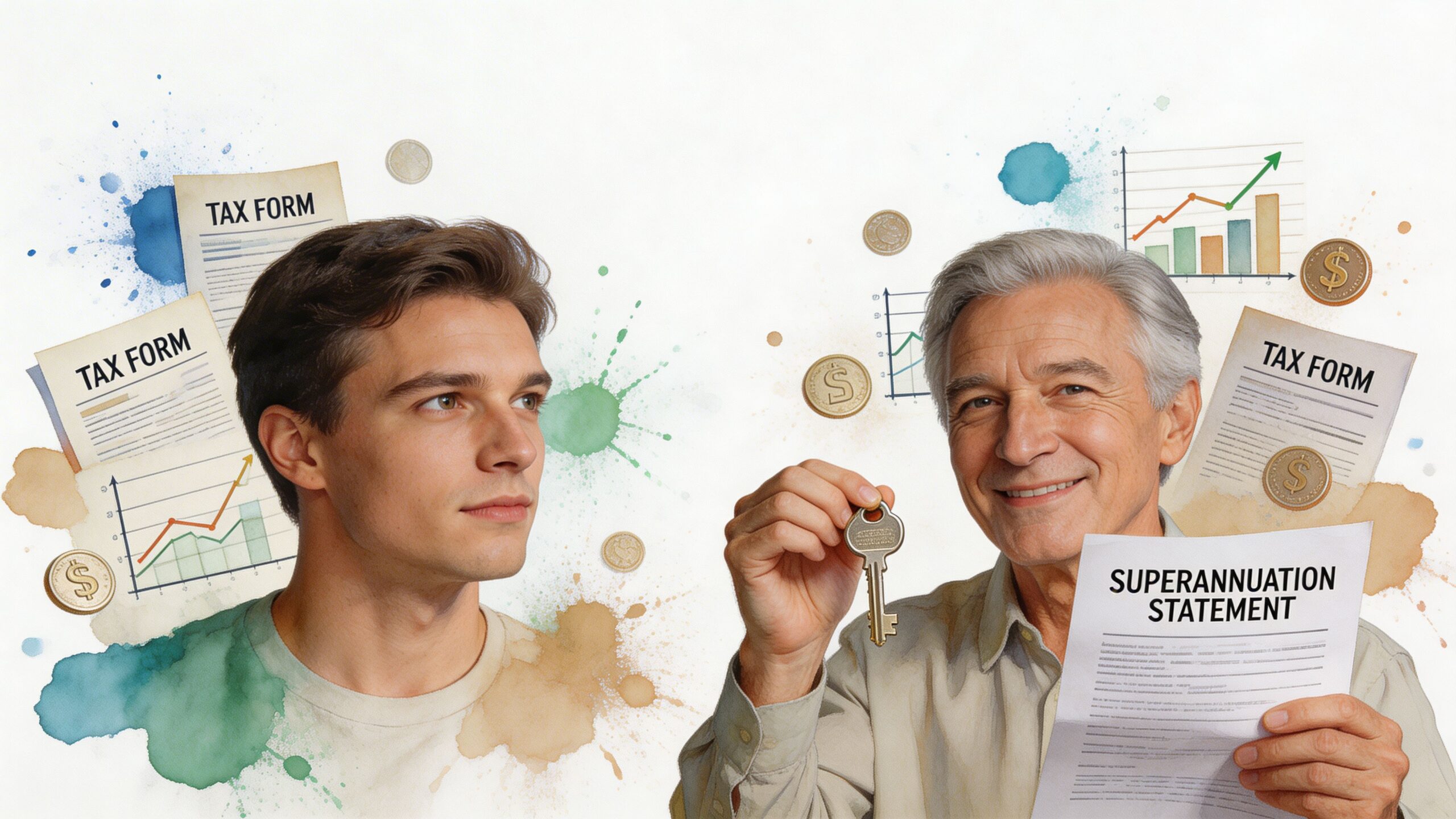 A young man looking at an older man holding a key and a superannuation statement document.
