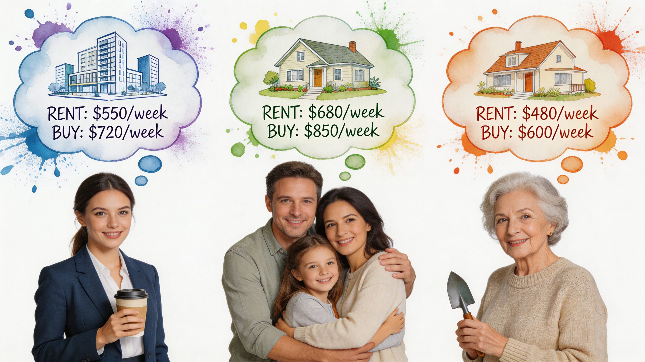 Three diverse people pictured with thought bubbles showing weekly rental and purchase costs for various residential properties.