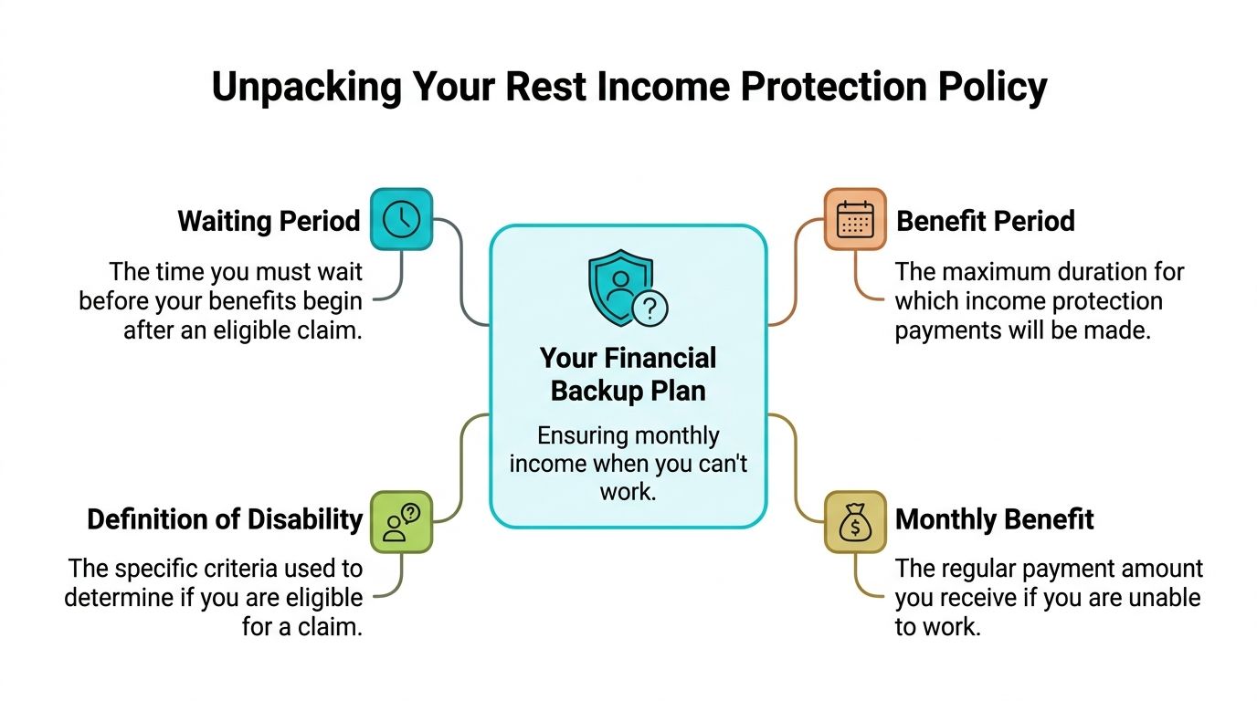 A diagram explaining components of an income protection policy, including waiting period, benefit period, disability definition, and monthly benefit.