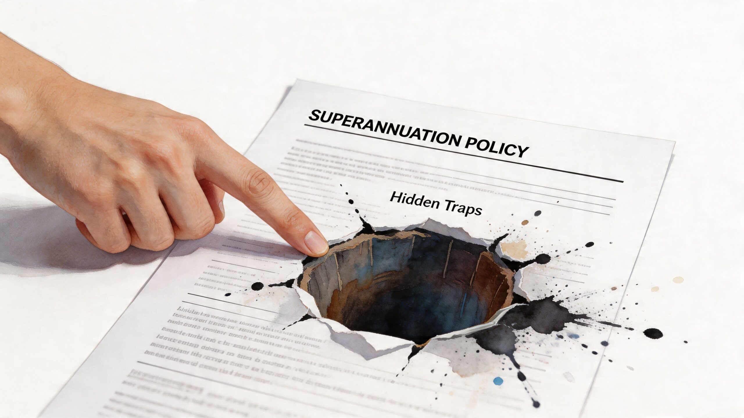 A hand points to a Superannuation Policy document with a dark, gaping hole representing hidden financial traps.