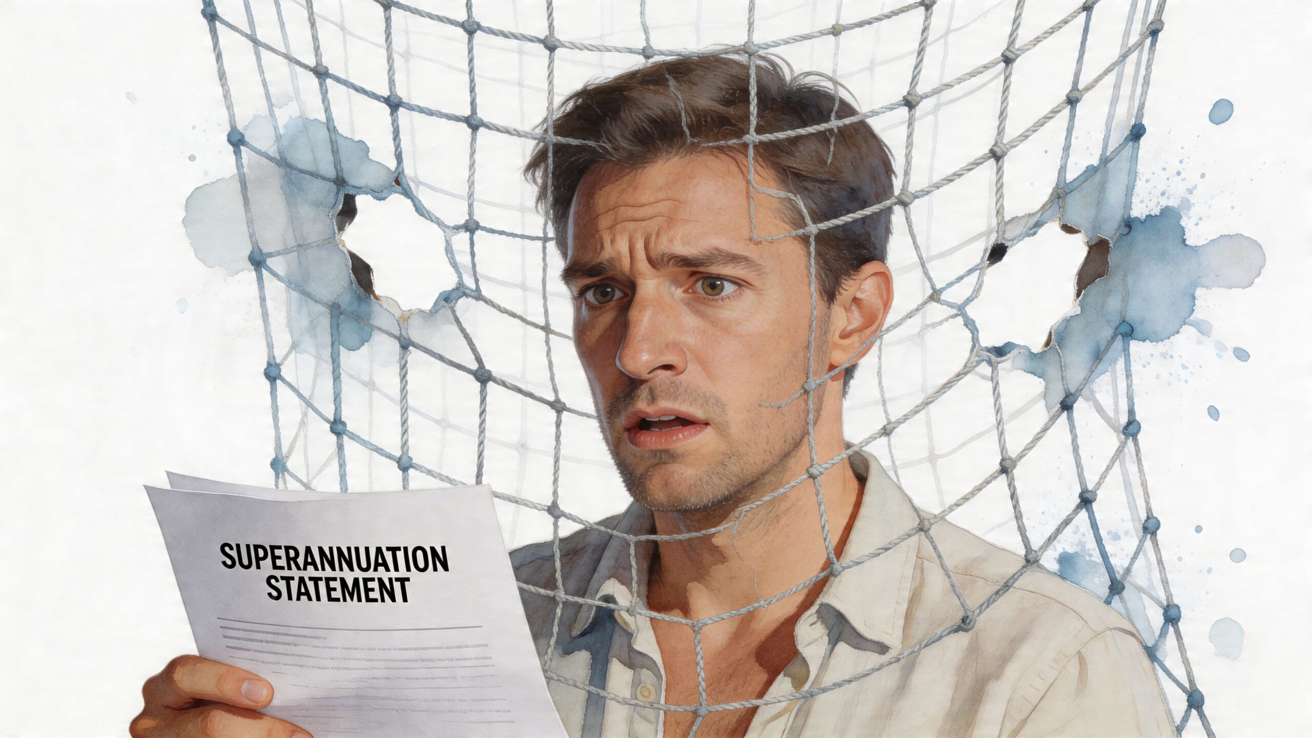 A concerned man looking at his superannuation statement while behind a torn fishing net background.