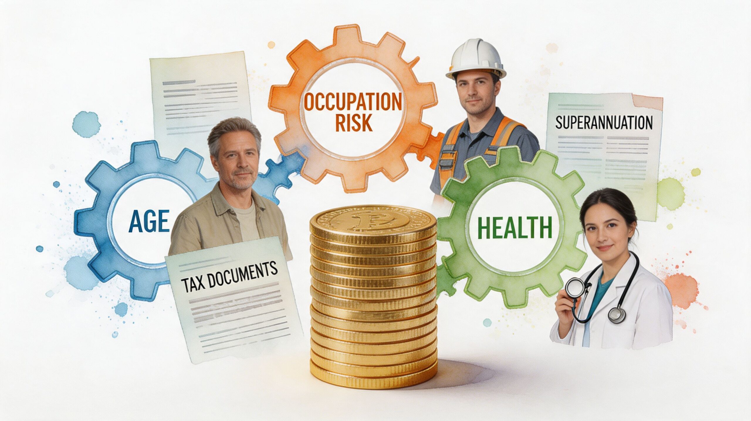 Visual representation of factors influencing salary continuance insurance including age, occupation risk, health, taxes, and superannuation.