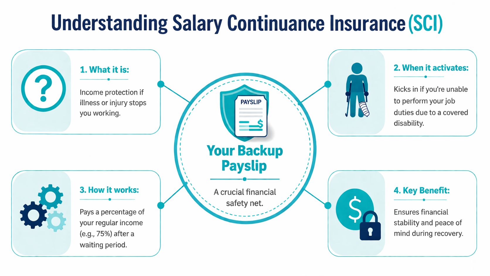 An infographic explaining Salary Continuance Insurance as a financial safety net for illness or injury.