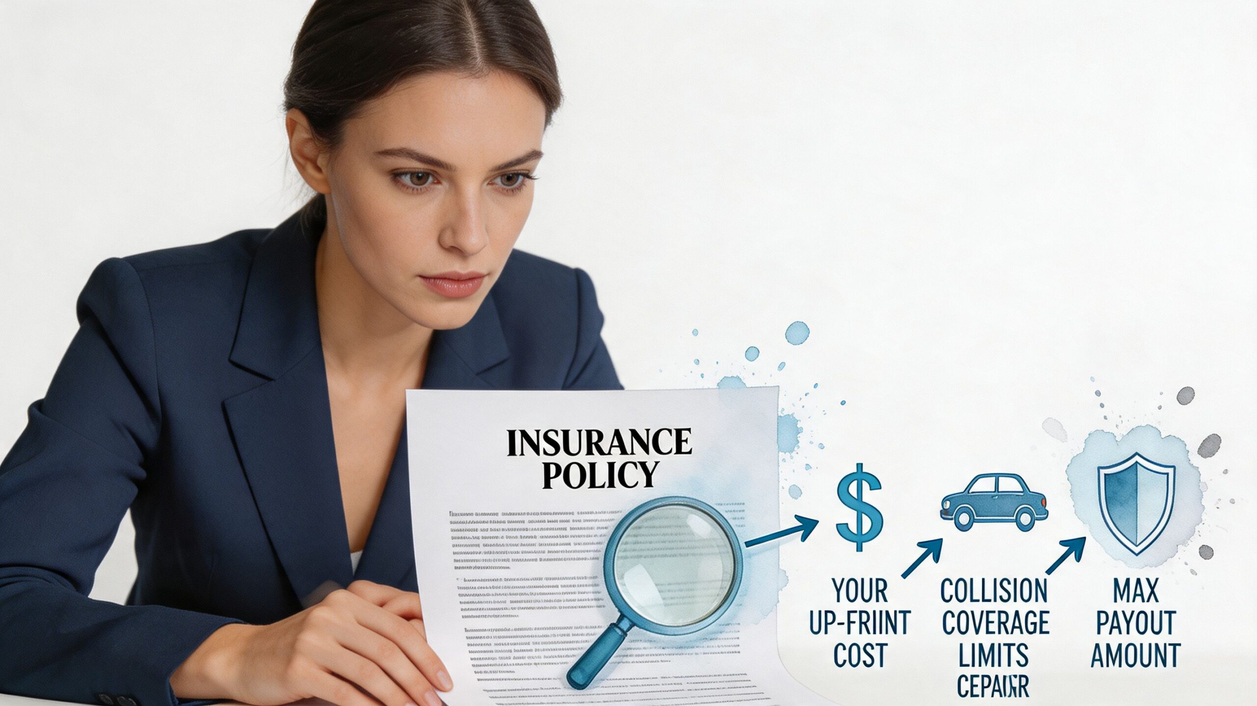 A professional woman reviews an insurance policy document with diagrams illustrating costs, collision coverage, and payout amounts.