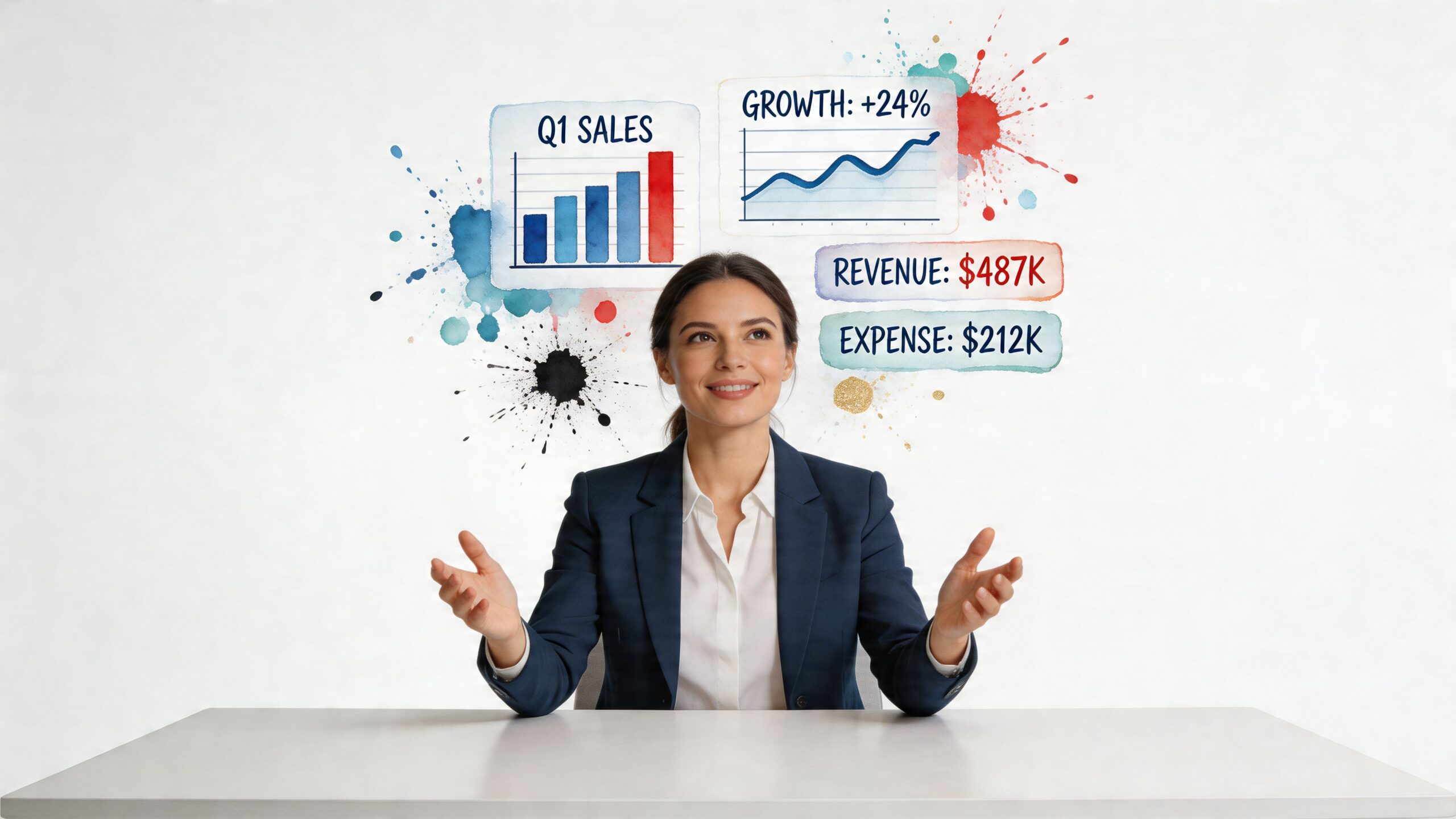A professional businesswoman presenting business growth statistics, revenue, and expense data with colorful, artistic chart graphics.
