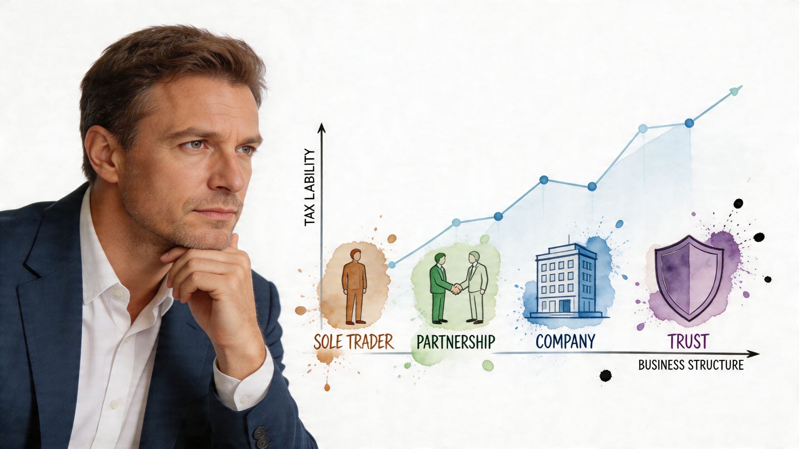 A professional man contemplating different business structures like sole trader, partnership, company, and trust alongside tax liability.