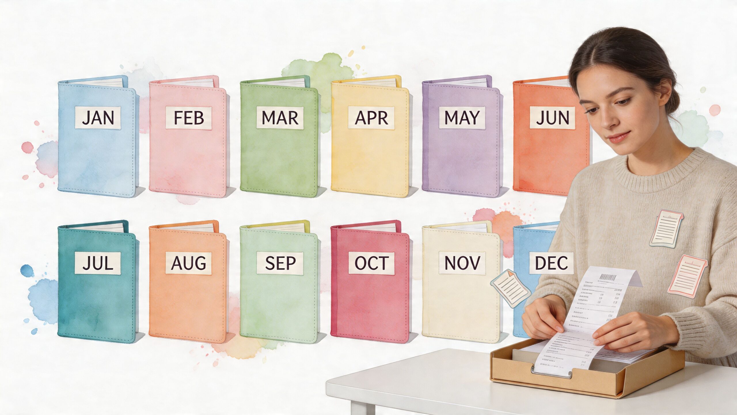 A woman reviewing tax receipts alongside twelve monthly journals organized for small business tax preparation and documentation.