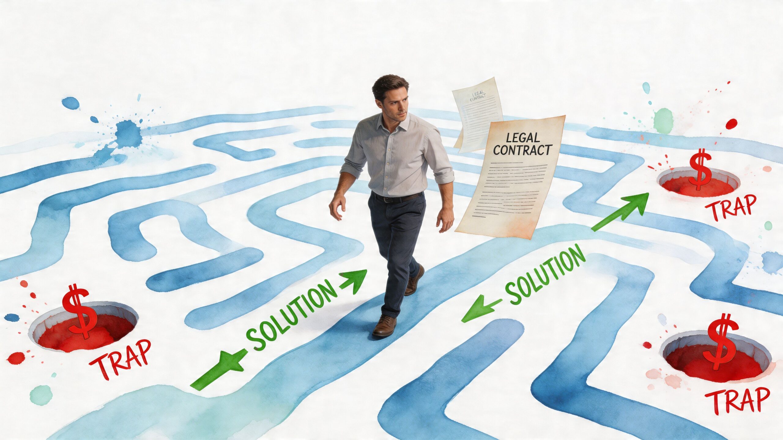 A businessman walks through a maze, navigating between legal contracts and dangerous financial traps marked with dollar signs.