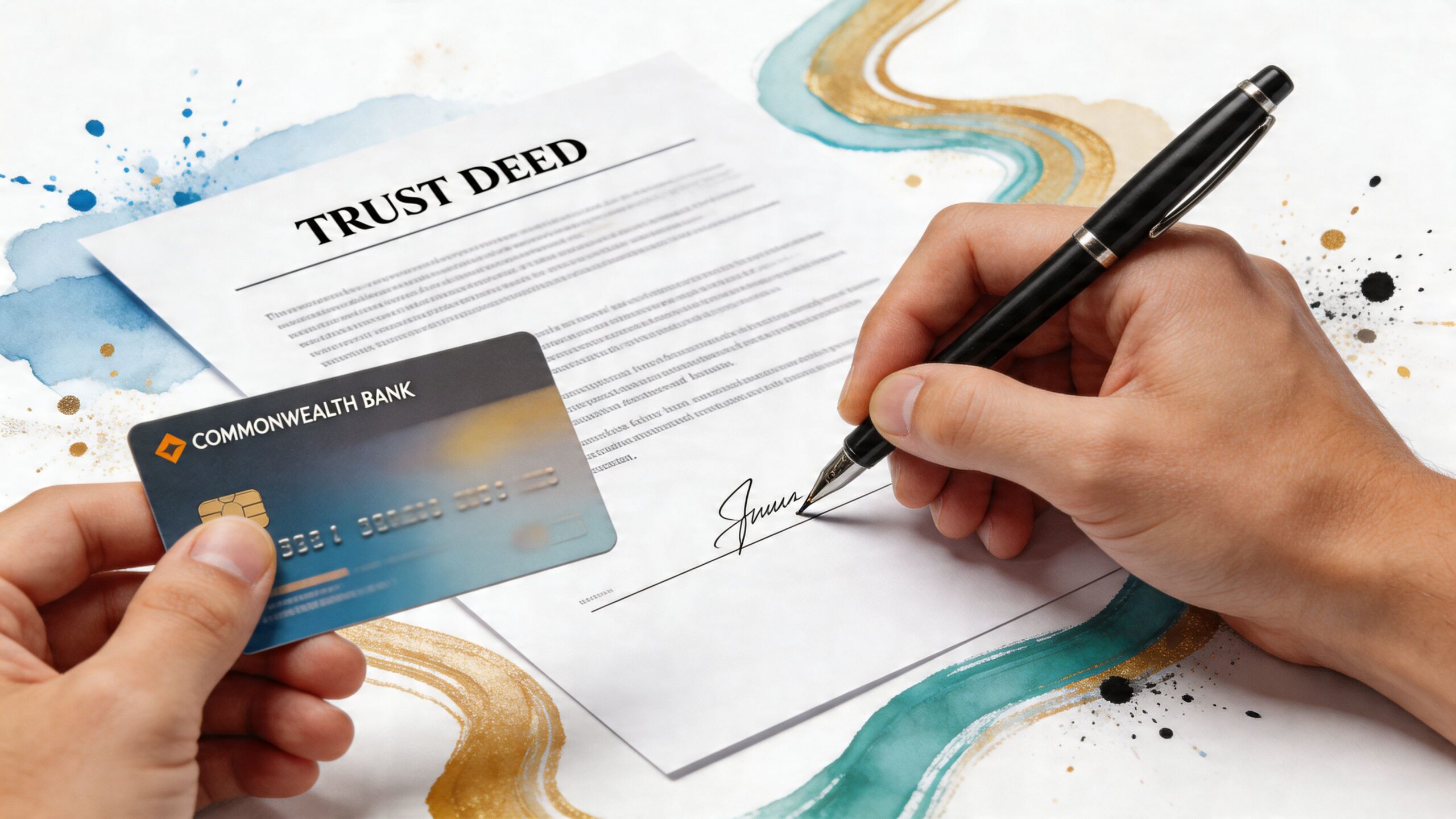 A person signing a legal trust deed document while holding a Commonwealth Bank credit card.