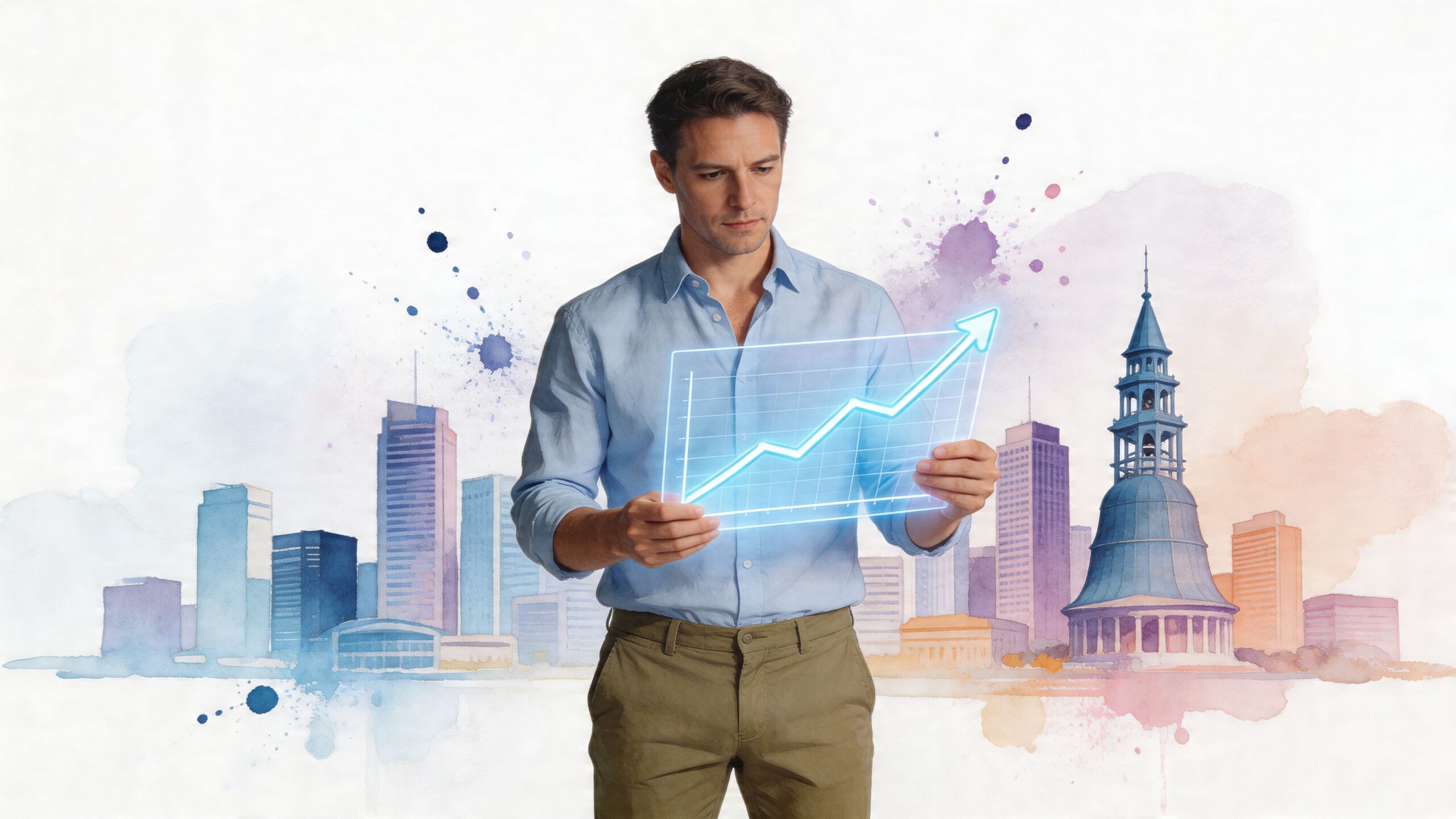 A professional man holding a glowing digital financial growth chart in front of a city skyline illustration.