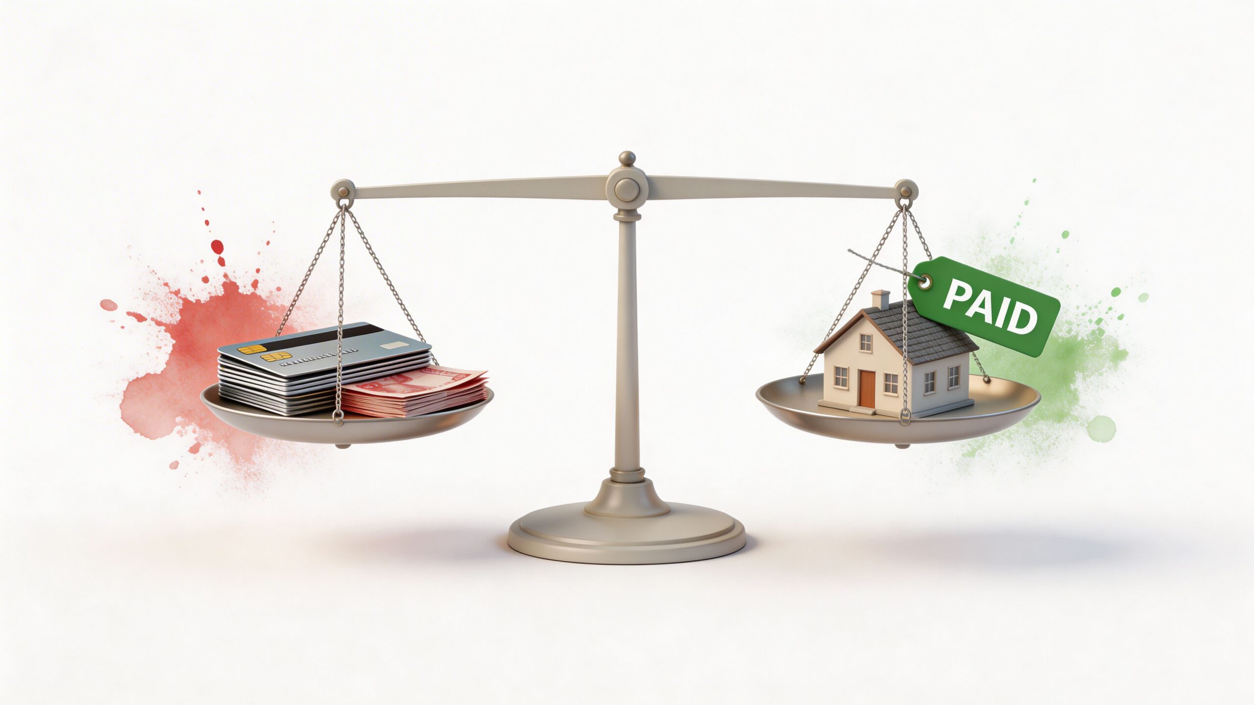 A balanced scale comparing a stack of credit cards and cash against a house with a paid tag.