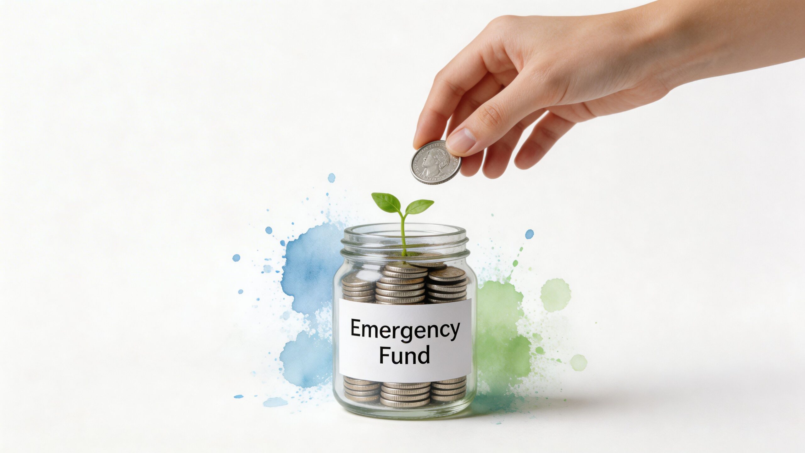 A hand placing a coin into a glass jar filled with coins labelled Emergency Fund for saving.