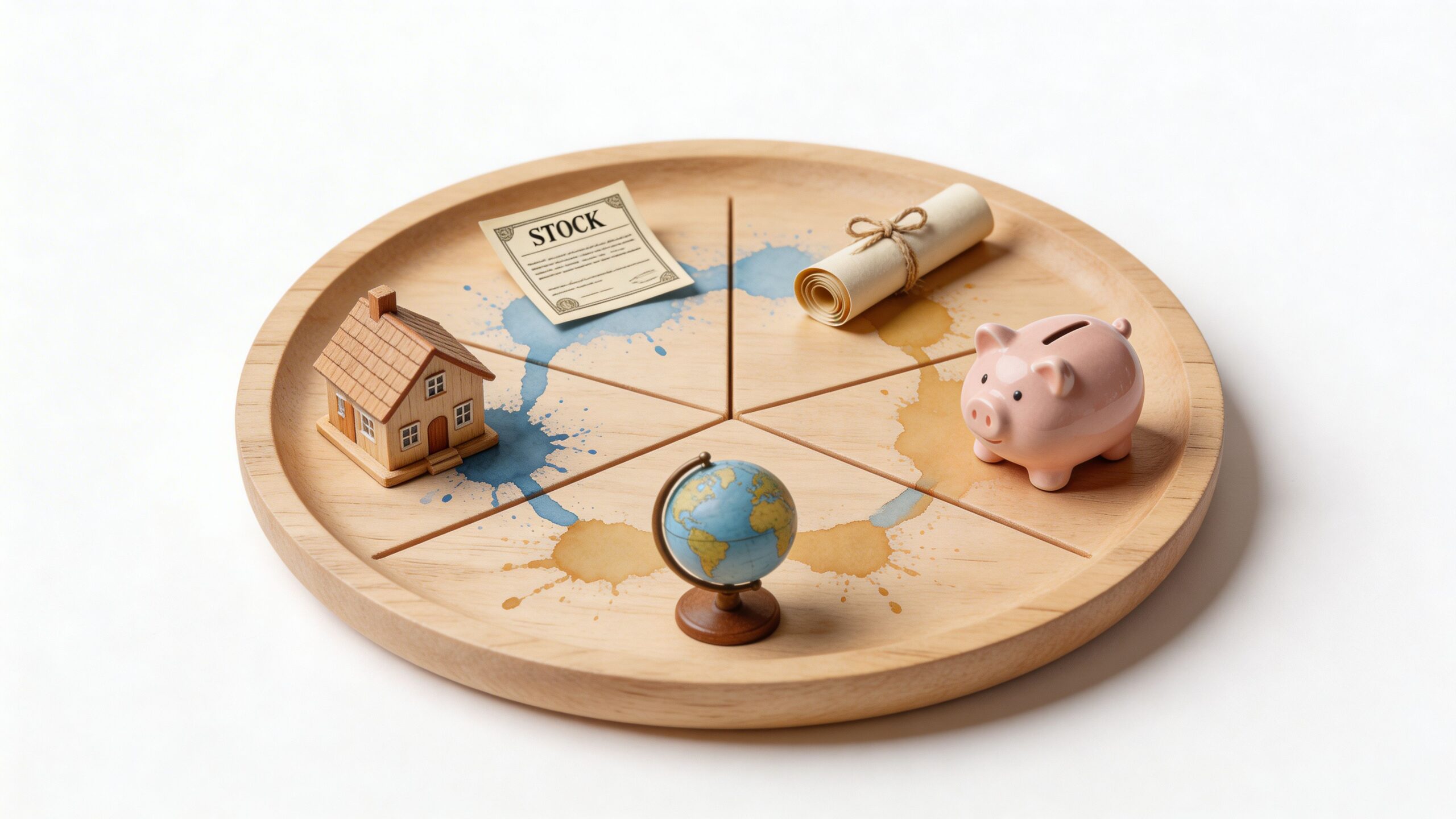 A wooden tray divided into sections featuring a house model, stock certificate, scroll, globe, and piggy bank.