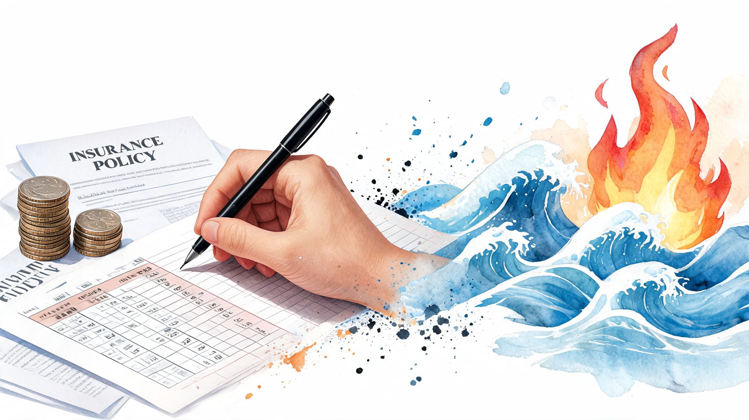 A hand signing an insurance policy document, with stylized watercolor waves and flames in the background.