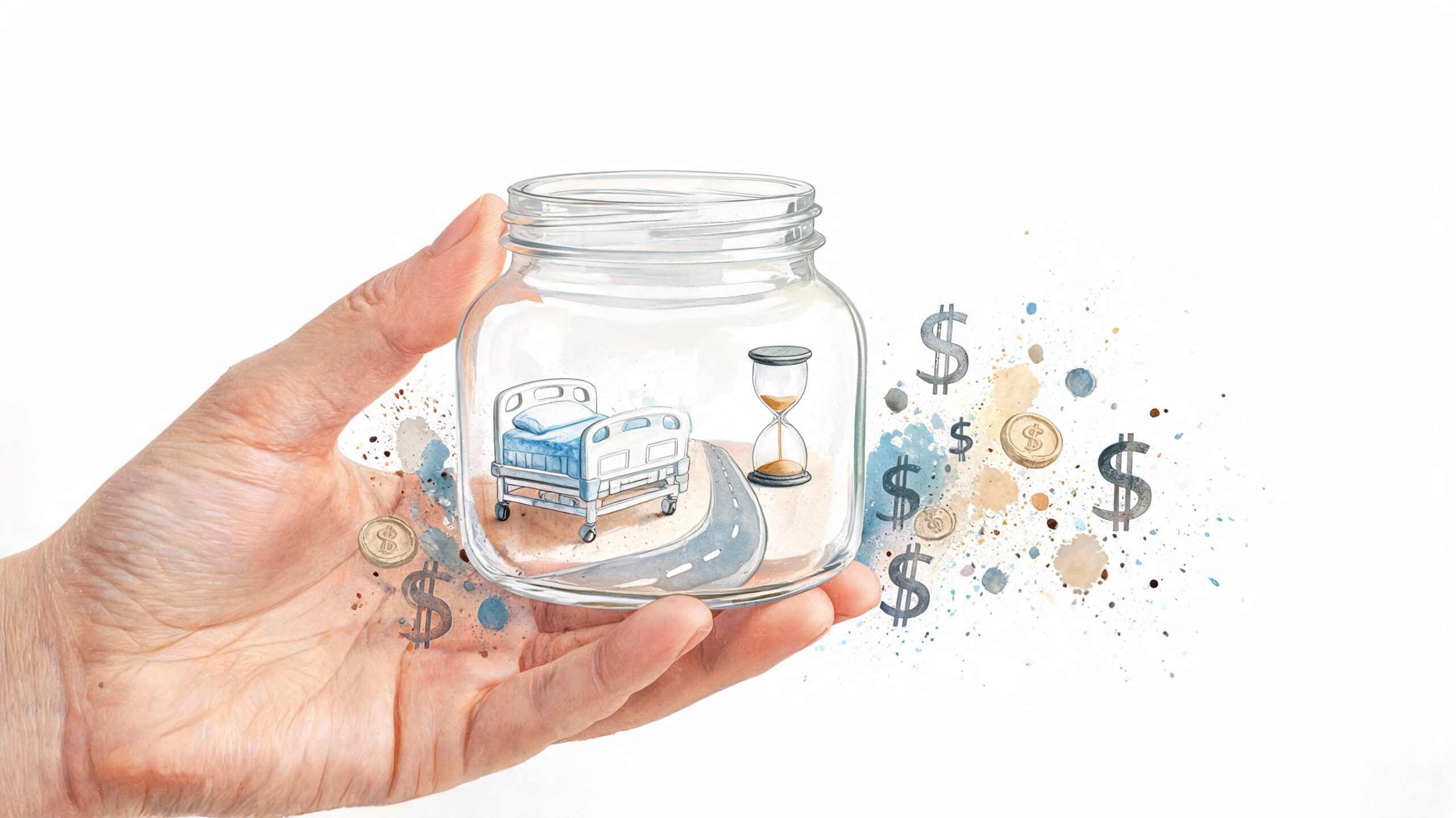 A hand holding a glass jar containing a hospital bed, a road, and an hourglass with dollar signs.