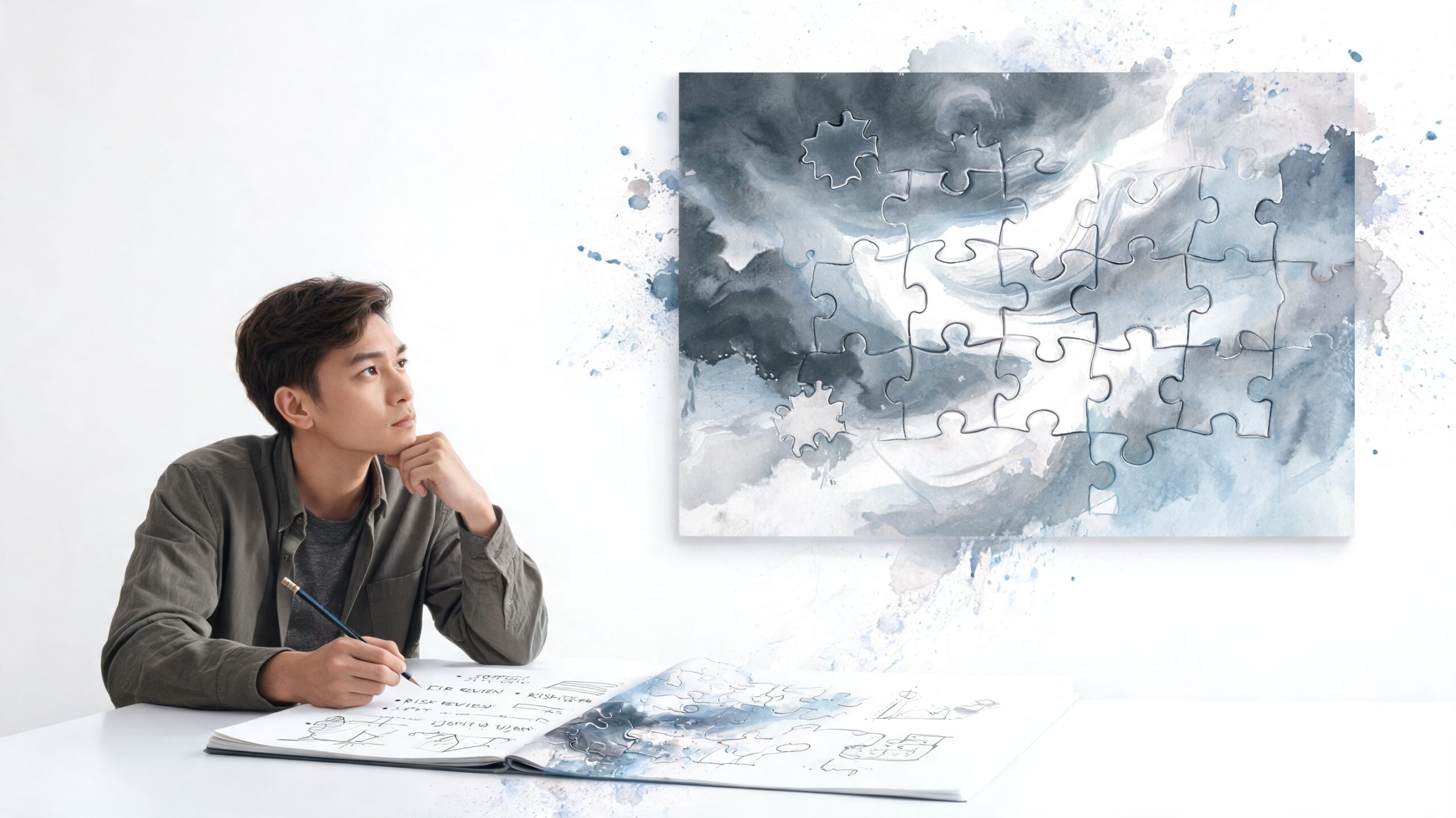 A pensive young man sitting at a desk with a puzzle-themed artwork and sketches on paper.