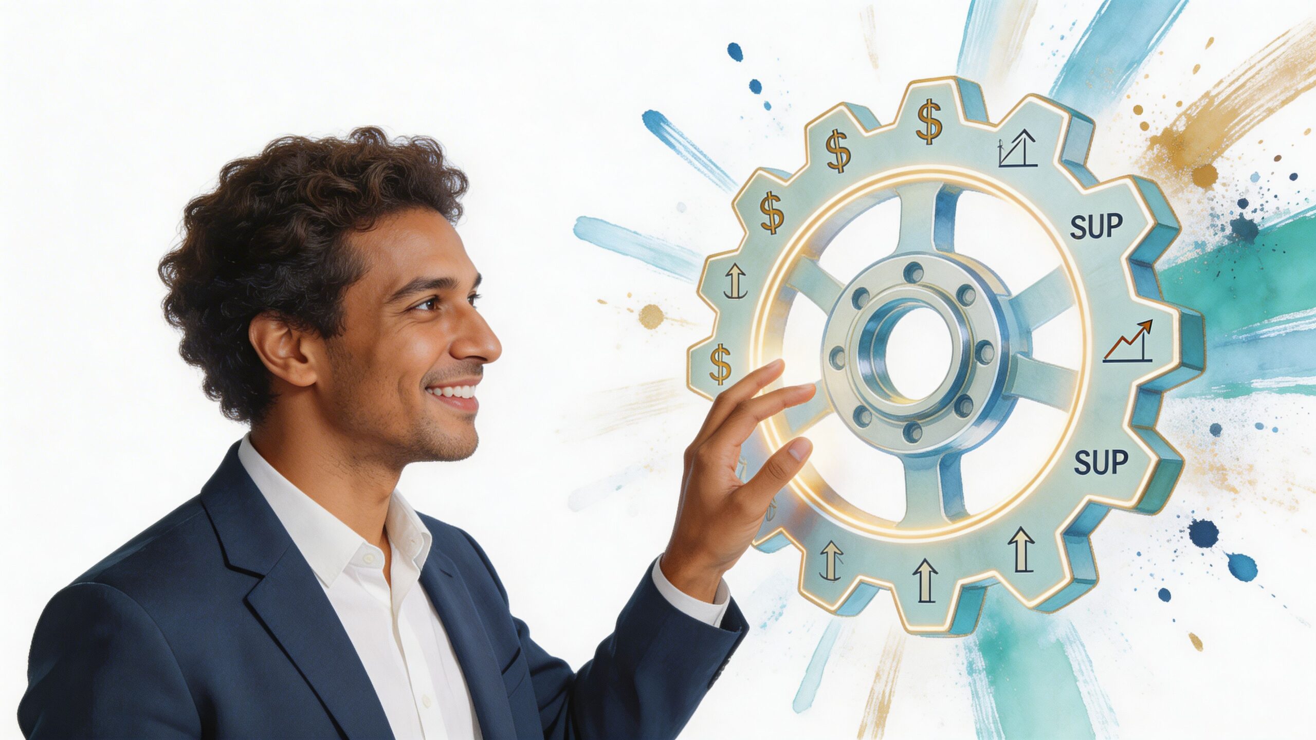 A professional man in a suit interacting with a glowing digital gear representing wealth creation concepts.