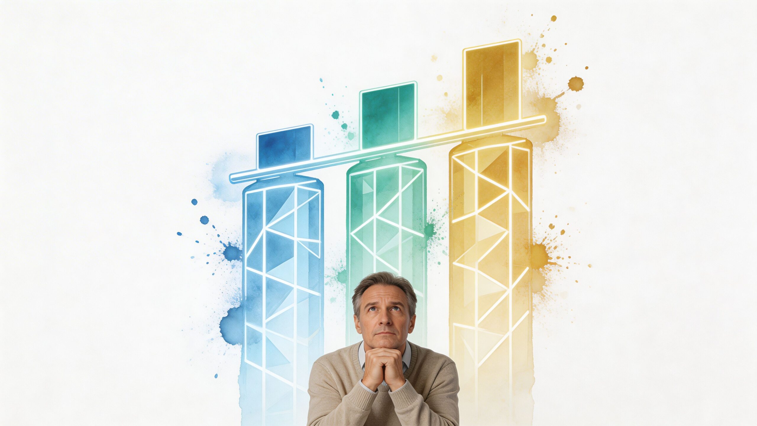 A pensive man looking up at abstract colorful bar charts representing financial growth and investment strategies.