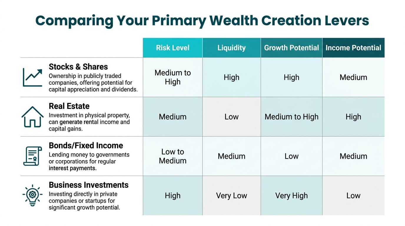 A table comparing the risk, liquidity, growth, and income potential of stocks, real estate, bonds, and business investments.