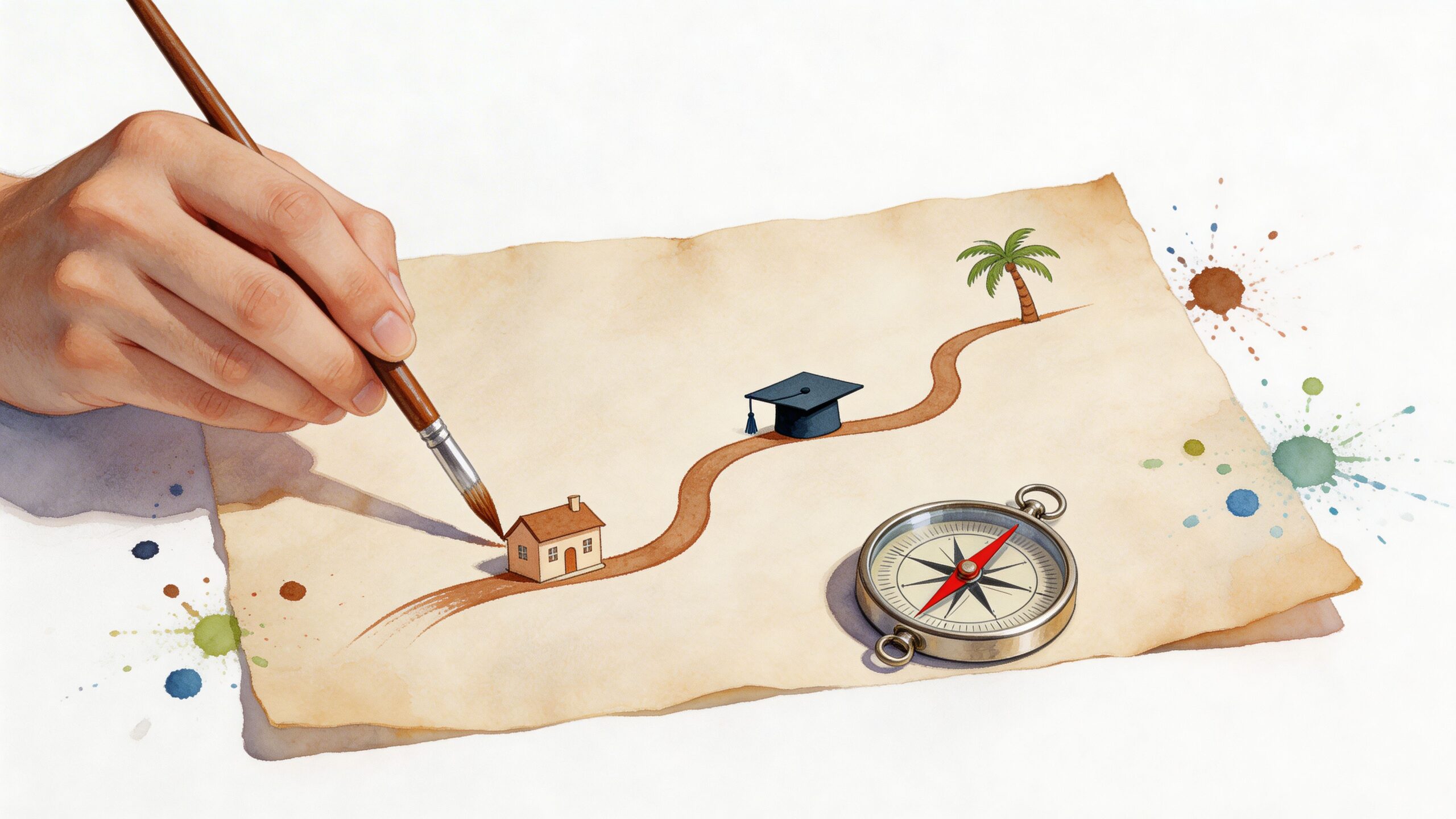 A hand painting a path on a map leading from a house to education and a destination.
