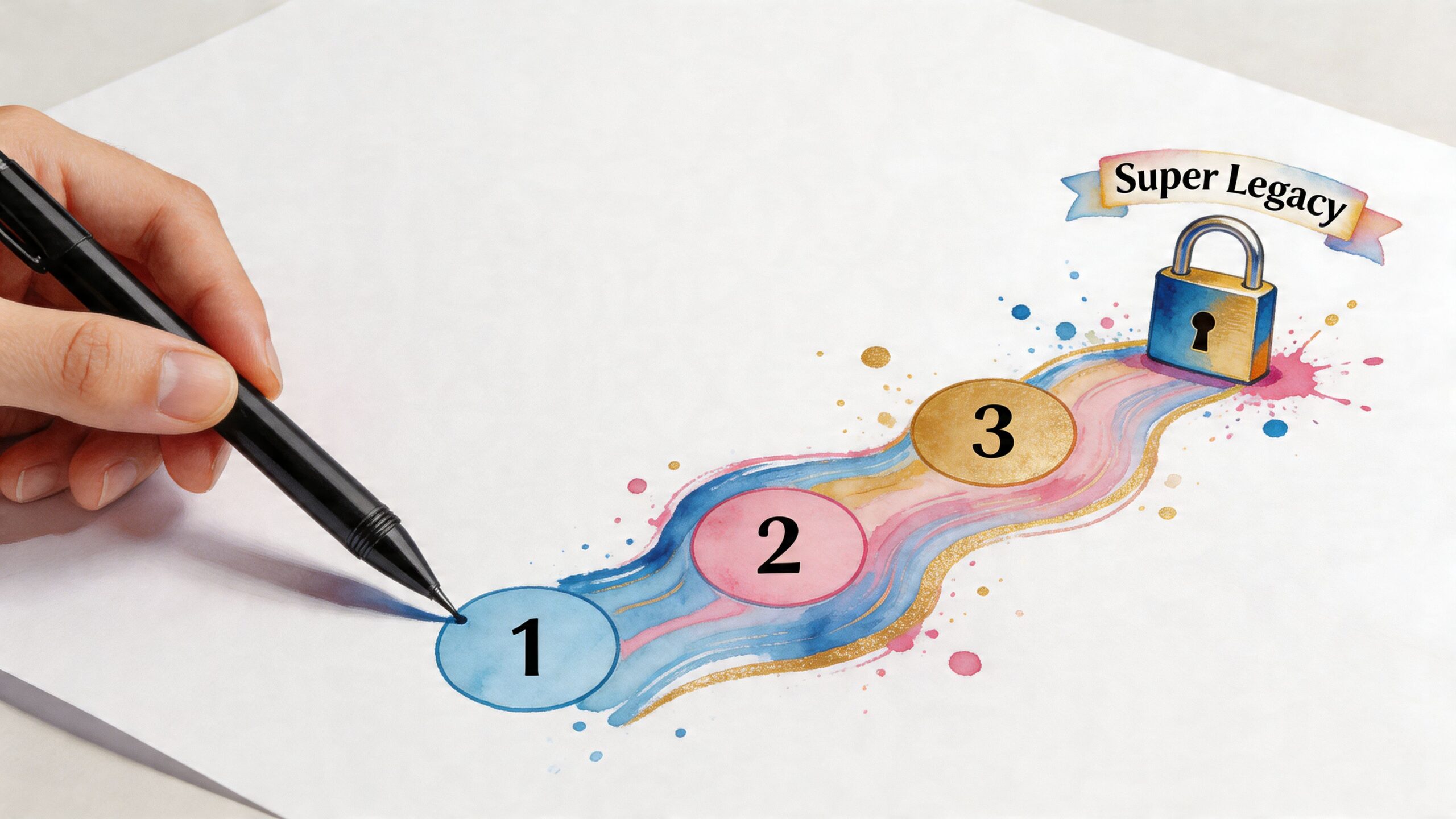 A hand holds a pen pointing to a three-step process diagram ending with a locked Super Legacy banner.