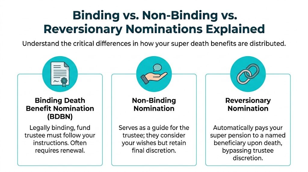 An infographic comparing the differences between binding, non-binding, and reversionary superannuation death benefit nominations.
