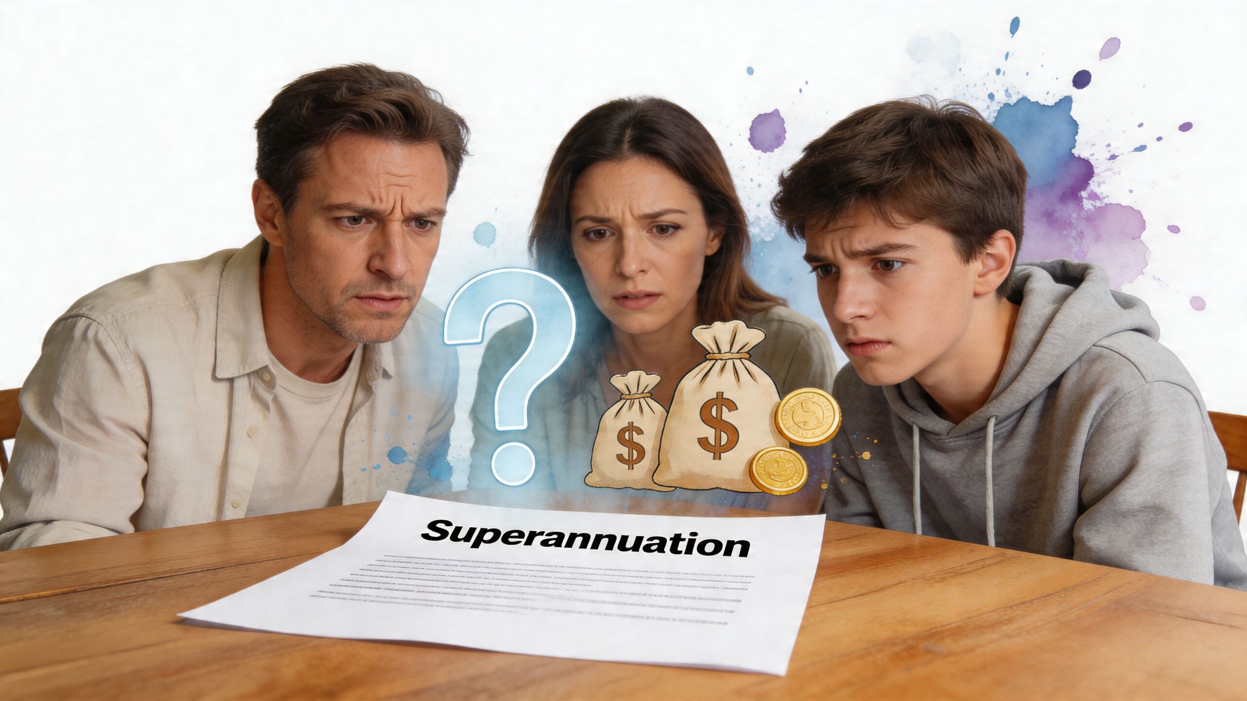 A concerned family looks at a document labeled Superannuation with floating icons of money bags.