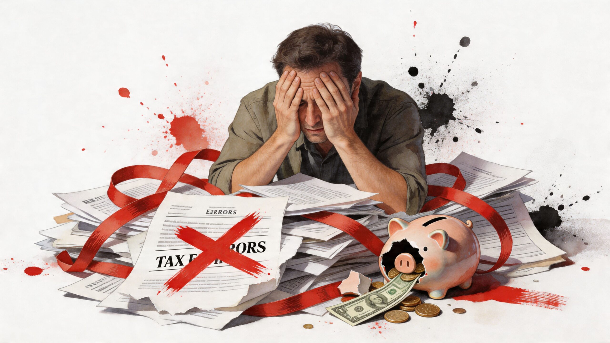 Stressed man sitting at a table with tax forms, a broken piggy bank, and scattered money.