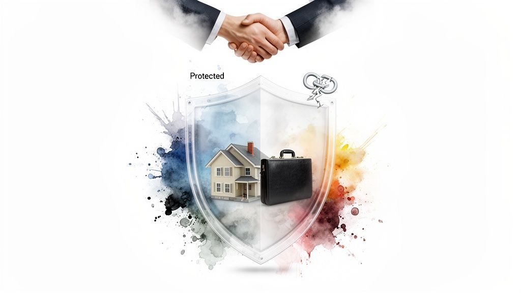 Handshake over a shield, symbolizing protection for home and business assets with colorful splatters.