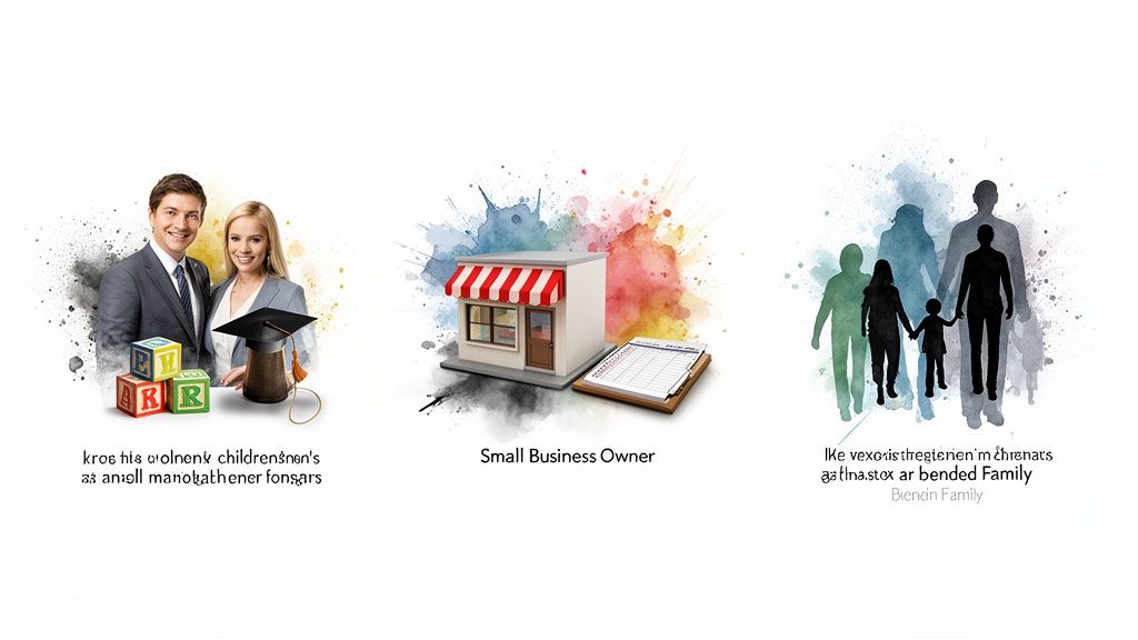 Three panels depicting financial goals: a couple with education, a small business, and a family.