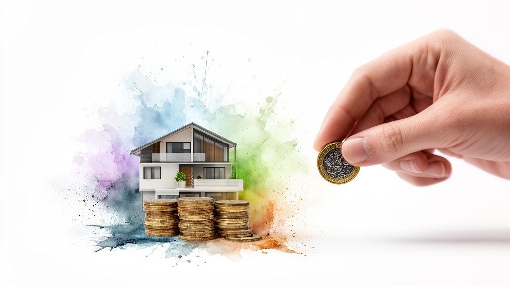 A hand drops a coin onto stacks of money next to a modern house with colorful watercolor splashes, symbolizing saving for real estate.