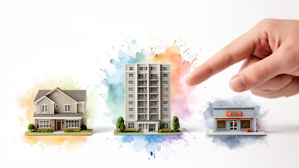 A finger points at a miniature store, next to an apartment building and a house on colorful watercolor splashes.