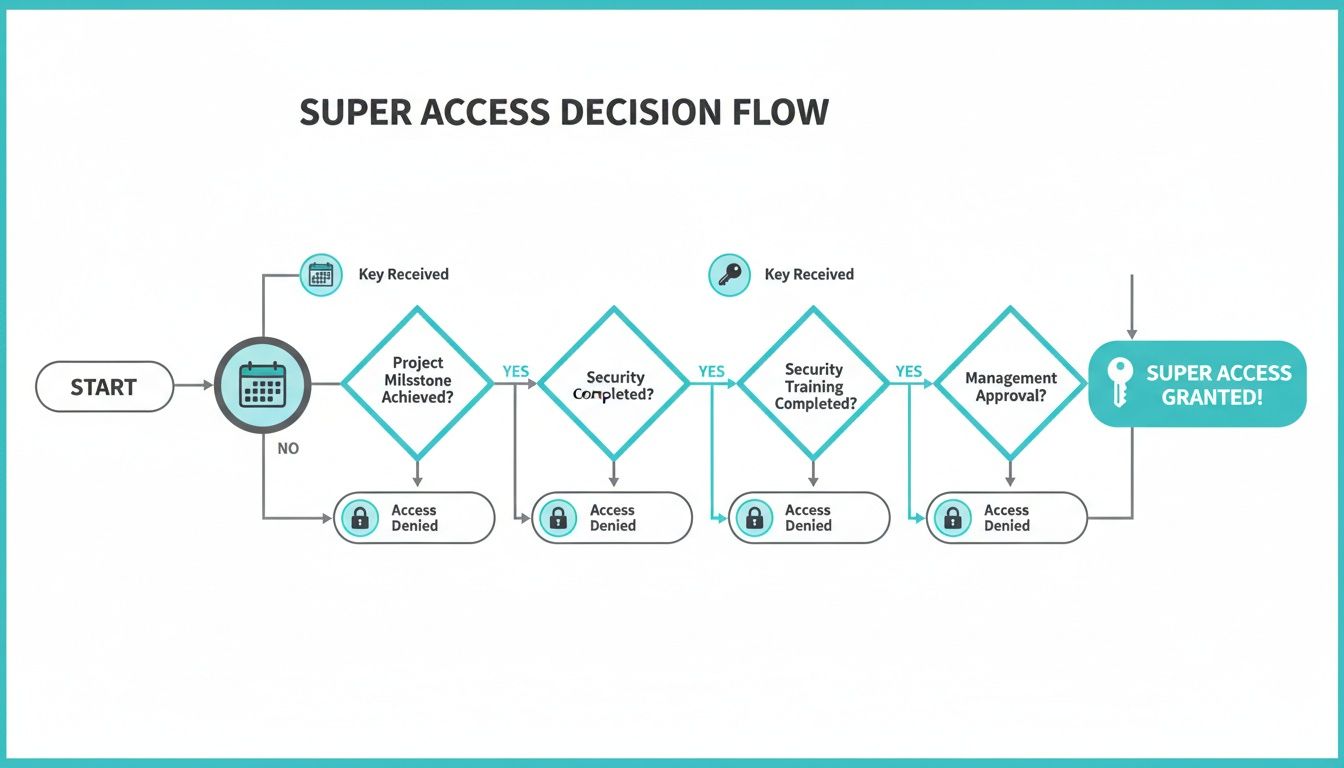 Flowchart detailing the step-by-step decision process for granting super access, covering milestones, security, training, and management approval.