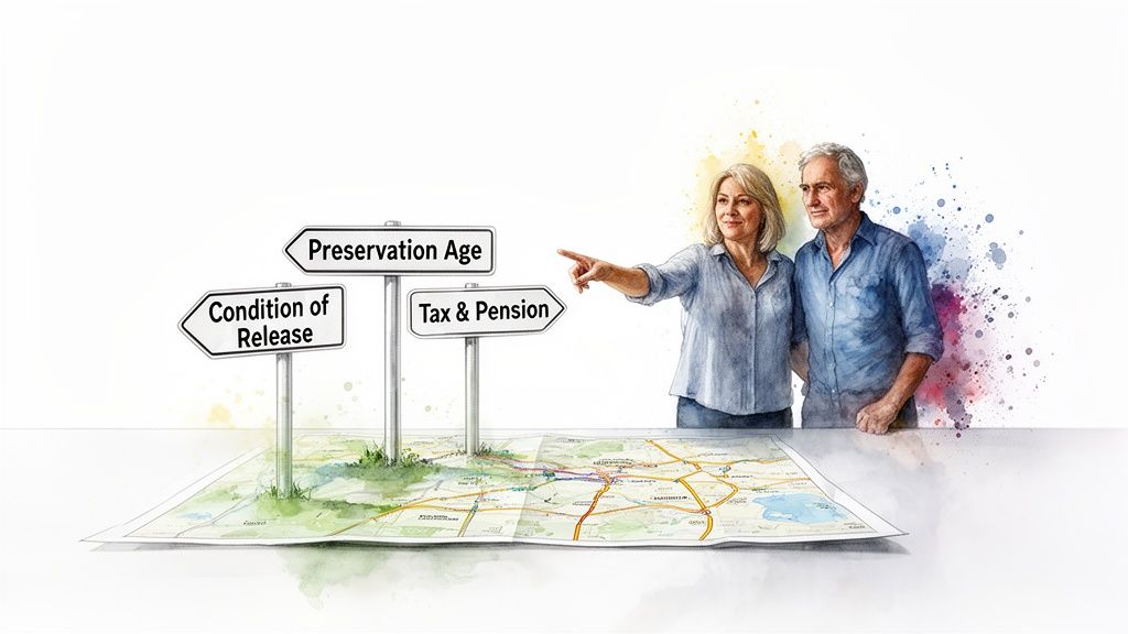 An older couple contemplates their future retirement plans, standing by a map with financial decision road signs.